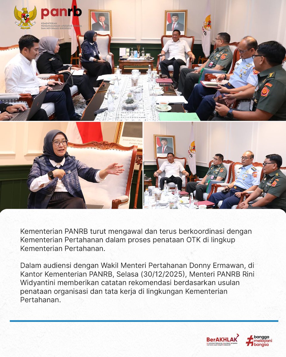 Penguatan tata kelola pertahanan nasional perlu didukung oleh tata kerja yang efektif dan selaras dengan kebutuhan kebijakan.

Menteri PANRB Rini Widyantini bersama Wamen Pertahanan Donny Ermawan membahas sejumlah isu strategis terkait penataan organisasi Kementerian Pertahanan.