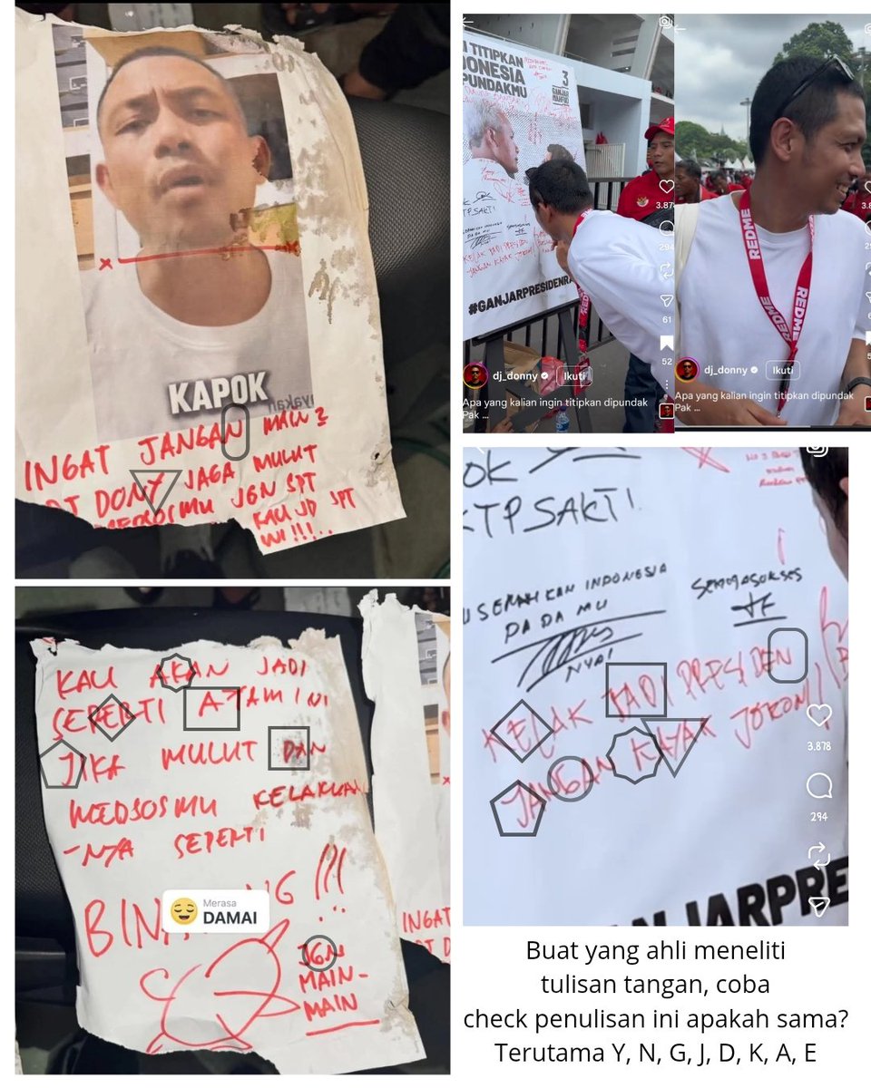 Karena lagi rame isu terror kepada DJ Donny, iseng-iseng chek IG nya dan menemukan tulisan tangannya si Donny.
Tapi anehnya kok tulisannya hampir mirip dengan tulisan sang peneror?
Mungkin ada yang lebih ahli dalam meneliti tulisan tangan, bisa ikut membantu menelitinya.
[1/4]