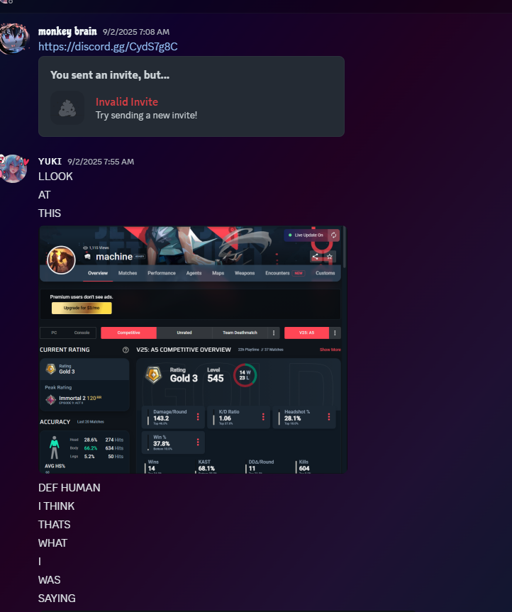 AugustVLR's tweet image. My exp w @L9_soraka
Thread
 i met yuki around this time she mentioned she played val and used to be decent and started talking to me and integraded in my friend group was rlly active within my friend group as i do smurf chronically for reasons i will not disclose