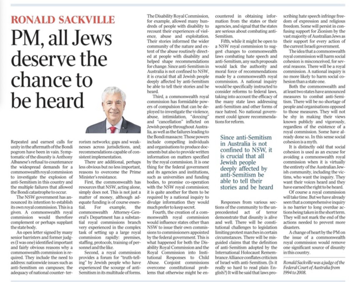 Former Australian Federal Court judge Ron Sackville calls on <a href="/AlboMP/">Anthony Albanese</a> to hold Royal Commission after Bondi:

"Since antisemitism in Australia is not confined to NSW, it is crucial that all Jewish people deeply affected by antisemitism be able to tell their stories and be heard."