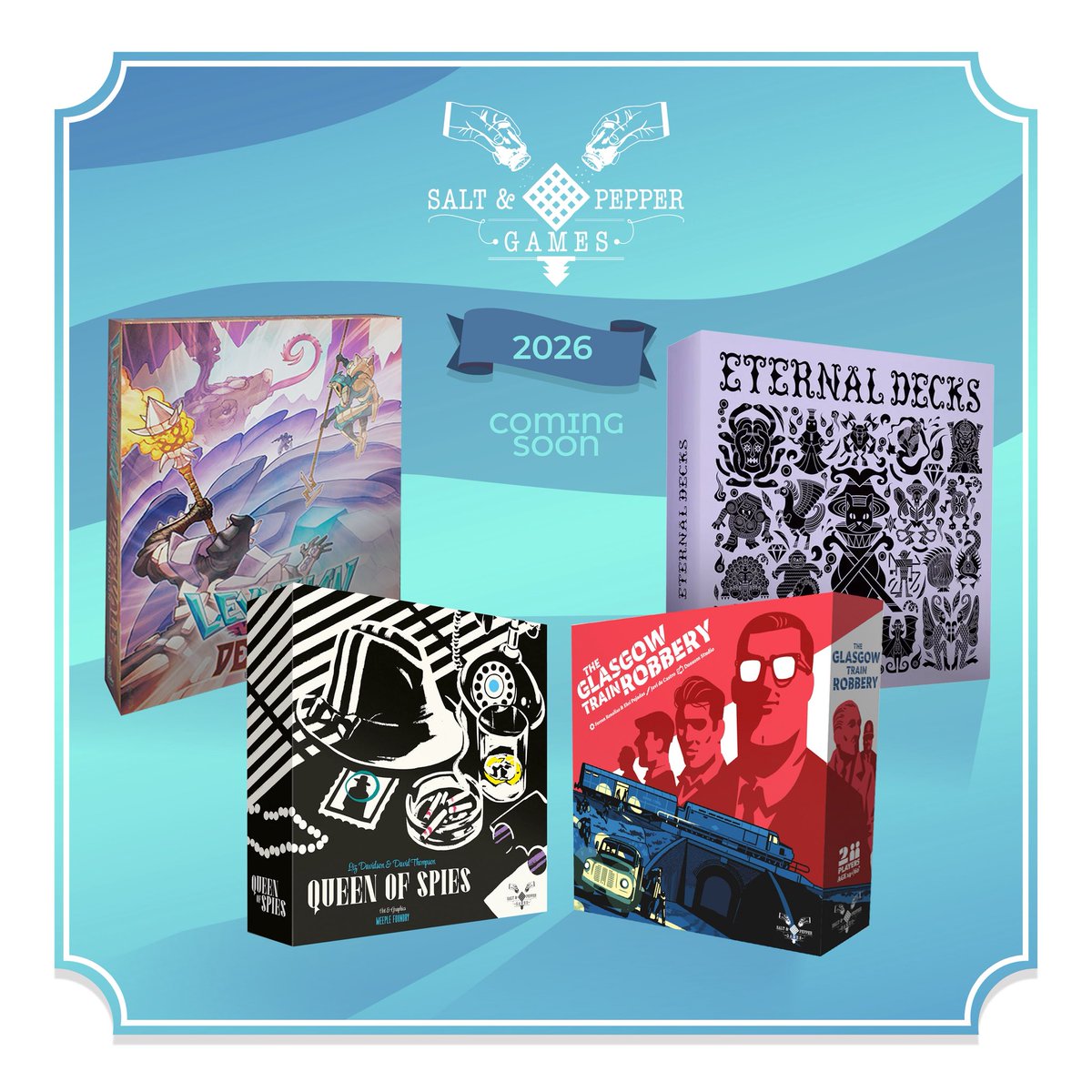 Pasadlo de lujo esta noche 🍾, nosotros pensando ya en lo que viene: Queen of Spies, Deepvale, Eternal Decks y el que dicen que es el mejor diseño de Ferrán y Eloi, The Glasgow Train Robbery 🤩.
¡Feliz año nuevo familia! 🎉🥳🎊