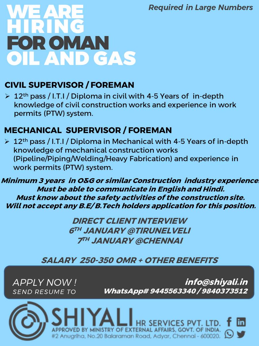 HR_SHIYALI's tweet photo. #omanjobs #CivilSupervisor #mechanicalsupervisor #directinterview https://t.co/MqWvkr7yfj