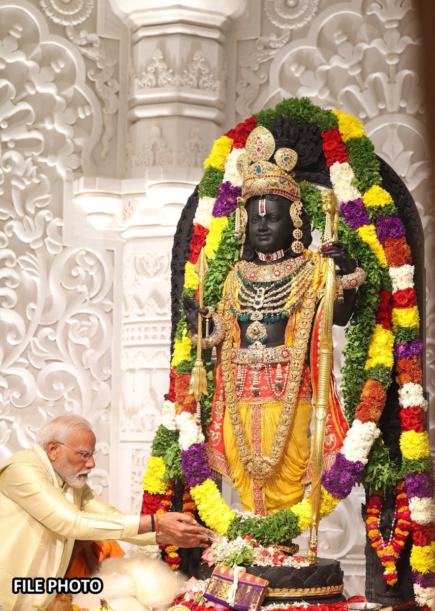 ANI's tweet photo. PM Narendra Modi tweets, "Today, the second anniversary of the Pran Pratishtha of Ram Lalla is being celebrated on the sacred land of Ayodhya Ji. This anniversary is a divine festival of our faith and traditions..." https://t.co/8NmjyiOvk9