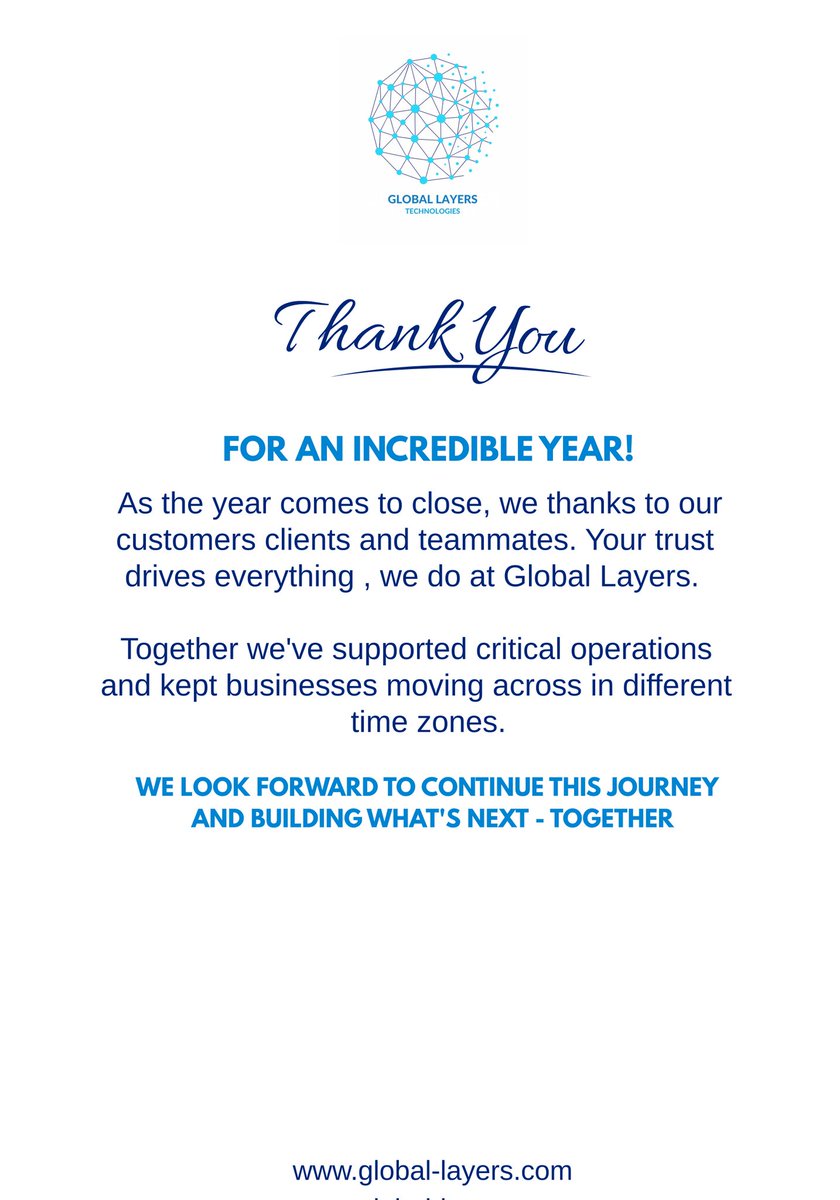 global_layer's tweet image. As the year comes to a close, we extend our sincere thanks to our valued customers, clients, and teammates. Your trust and partnership are at the heart of everything we do at Global Layers Technologies. Together, we have supported critical operations

#ThankYou2025