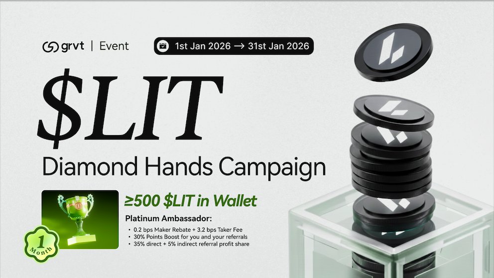 1/4 Congrats to $LIT community on an incredible launch 🚀

$LIT Perpetuals are LIVE on Grvt! But there's more!

Hold 500+ $LIT to unlock Platinum Ambassador benefits for Jan 2026:
✅ Reduced fees
✅ 30% Points Boost
✅ Enhanced referral earnings

Time to level up. Apply below👇