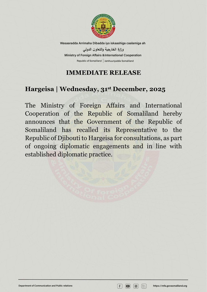 KFoodhaadhi's tweet photo. #BREAKING: The Ministry of Foreign Affairs of the Republic of #Somaliland has recalled its representative to #Djibouti for consultations, citing recent diplomatic developments.

The move follows Djibouti’s strong opposition to #Israel’s recognition of Somaliland. https://t.co/kunEeDQvII