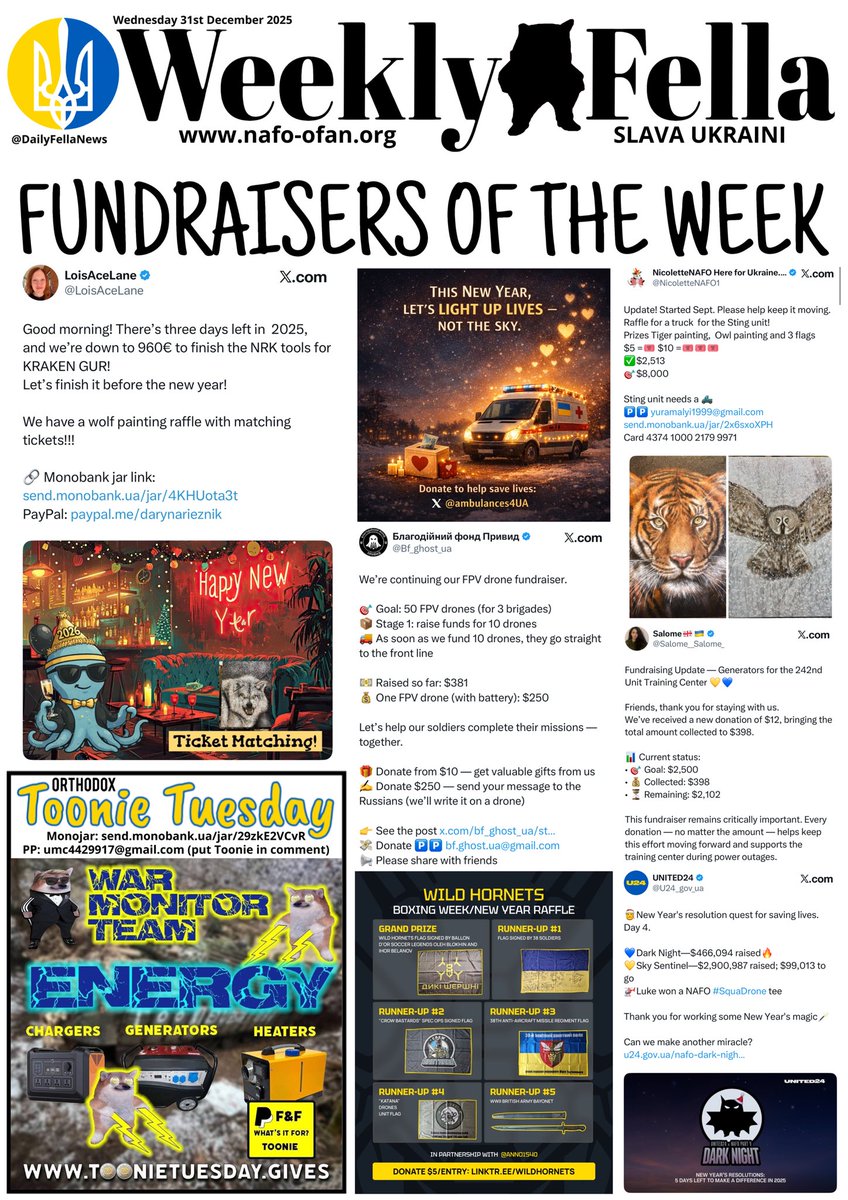 DailyFellaNews's tweet photo. It’s time for the last Weekly Fella for 2025. Read about talks between Zelenskyy &amp; Trump, russia lying as usual &amp; please don’t forget the weekly fundraiser thread below. Let’s close some fundraisers ready for 2026. 

#WeeklyFella #DailyFella #DailyFellaNews #SlavaUkraini #NAFO https://t.co/255bwMrEK4