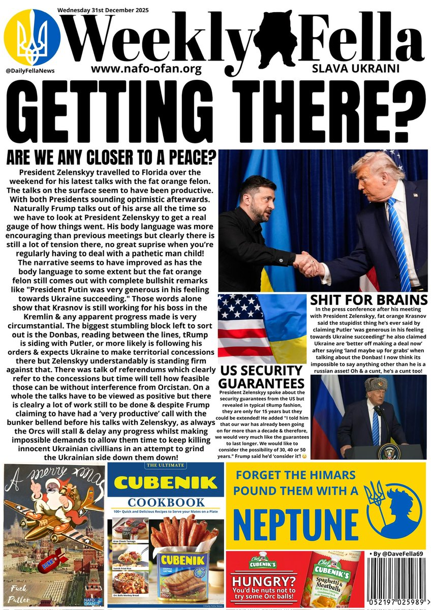 DailyFellaNews's tweet photo. It’s time for the last Weekly Fella for 2025. Read about talks between Zelenskyy &amp; Trump, russia lying as usual &amp; please don’t forget the weekly fundraiser thread below. Let’s close some fundraisers ready for 2026. 

#WeeklyFella #DailyFella #DailyFellaNews #SlavaUkraini #NAFO https://t.co/255bwMrEK4