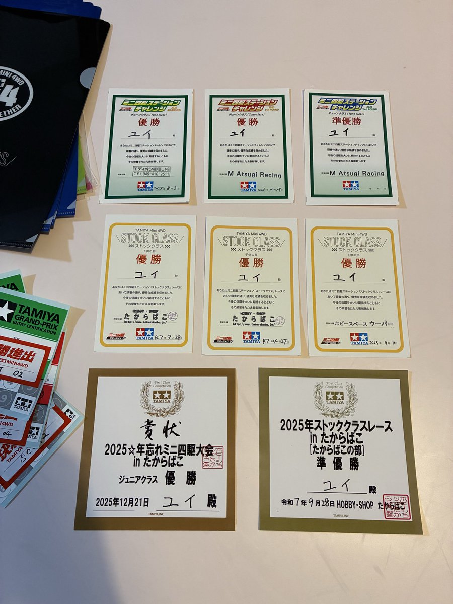 mini4tk's tweet image. 2025リザルト
◾️公式5レーン
　7参加　入賞0
◾️オープン
　15参加　入賞8（🥇4🥈2🥉2）
◾️B-MAX
　7参加　入賞3（🥇1🥈2）
◾️ストッククラス
　6参加　入賞4（🥇1🥈1🥉2）
来年は公式頑張ろう！
#ミニ四駆
#タミヤ
#良いお年をお迎えください