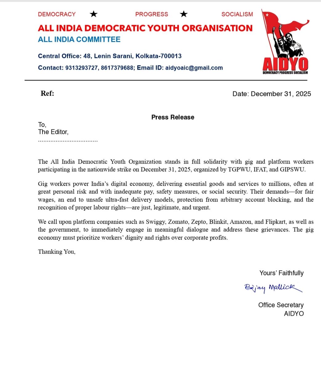 #GigWorkersStrike #gigworkerstrike #Gigworkerlife <a href="/IndianExpress/">The Indian Express</a> <a href="/the_hindu/">The Hindu</a> <a href="/toisports/">TOI Sports</a> <a href="/thewire_in/">The Wire</a> <a href="/TheEconomist/">The Economist</a> <a href="/GigWorkersRise/">Gig Workers Rising</a> <a href="/AIDYOwb/">AIDYO West Bengal</a> <a href="/LabourMinistry/">Ministry of Labour & Employment, GoI</a>