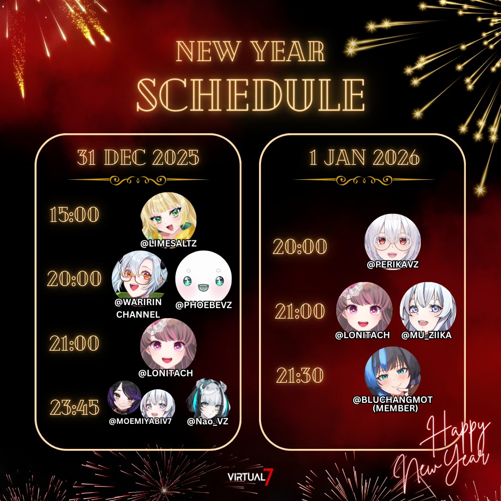 🎉 วันหยุดยาวนี้ พบกับชาว VZ คนไหนได้บ้าง !! 🎉

📅 31 December 2025 📅
15:00 <a href="/Limesaltz/">LIMESALTZ 🍋 ⌜VZ⌟</a> 
20:00 <a href="/WaririnChannel/">Waririn 🎮 ⌜VZ⌟</a> | <a href="/vz_phoebe/">Phoebe 👻 ⌜VZ⌟</a> 
21:00 <a href="/LittleLonita/">Little Lonita 🎀💕 ⌜VZ⌟</a> 
23:45 <a href="/moe_miyabi/">Moe Miyabi ⌜VZ⌟</a> | <a href="/VZ_NAO/">冬川なお❄️👻Fuyukawa Nao「VZ」</a> 

📅 01 January 2026 📅
20:00 <a href="/PerikaVZ/">PE:RIKA 🐇⏰ ⌜VZ⌟</a> 
21:00 <a href="/LittleLonita/">Little Lonita 🎀💕 ⌜VZ⌟</a> | <a href="/MU_Ziika/">Ziika 🌊 ⌜VZ⌟</a> 
21:30 <a href="/BluChanGMOT/">Blu-Chan 🍧 ⌜VZ⌟</a>