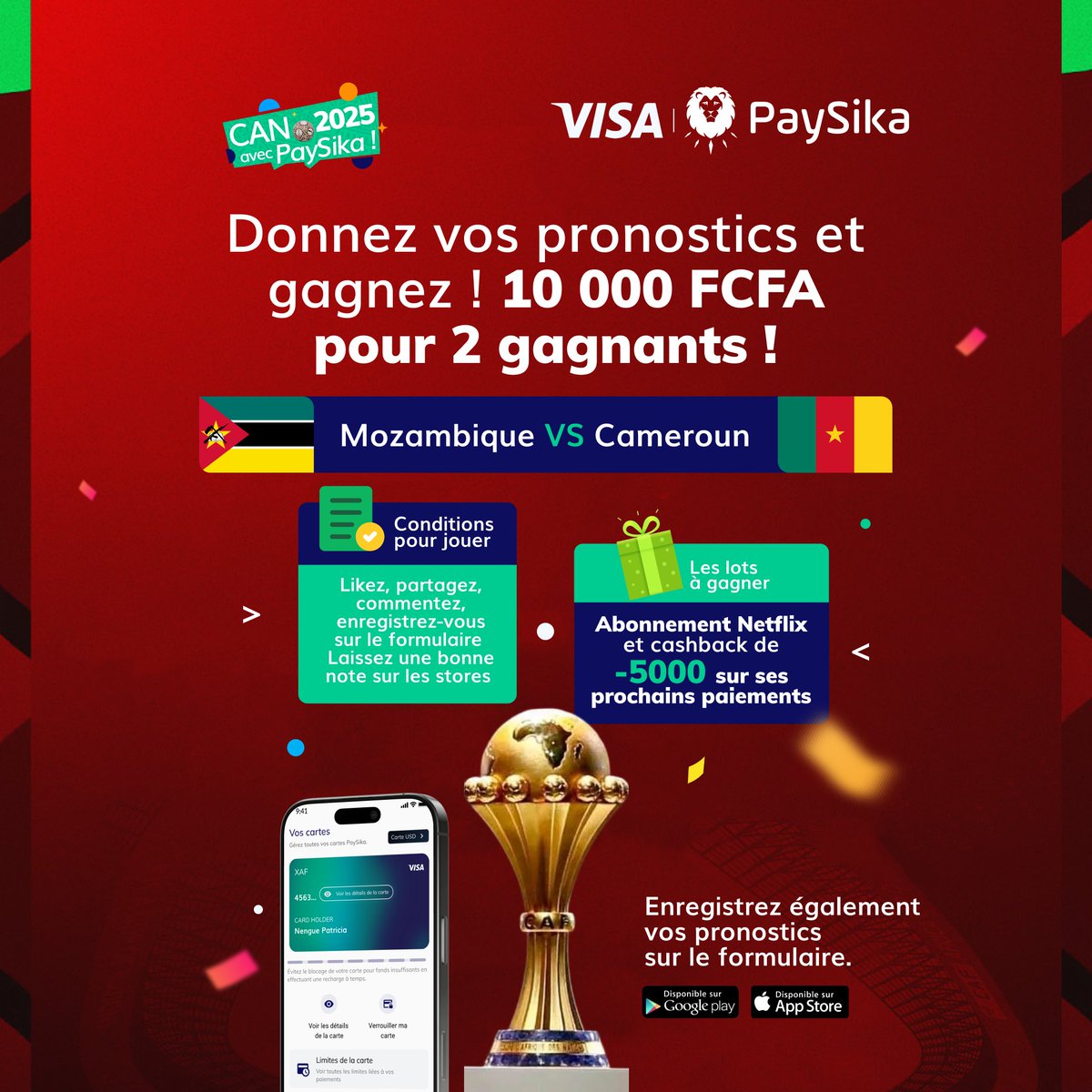 ⚽🔥 𝐉𝐄𝐔 𝐂𝐎𝐍𝐂𝐎𝐔𝐑𝐒 𝐏𝐑𝐎𝐍𝐎𝐒𝐓𝐈𝐂𝐒 – 𝐂𝐀𝐍 𝟐𝟎𝟐𝟓 🔥⚽

🎯 Mozambique 🆚 Cameroun
💰 10 000 FCFA à gagner (2 gagnants)

👉 Pour jouer :
✔️ Pronostic exact en commentaire
✔️ Like &amp; partage
✔️ Enregistre ton pronostic via le formulaire
✔️ Carte PaySika active

🎁