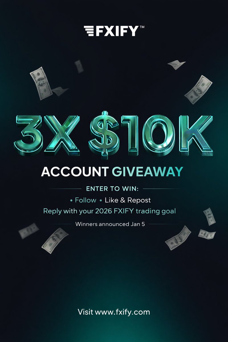 fxifycom's tweet image. 🎉 YEAR-END GIVEAWAY | CLOSING OUT 2025 🎉

As 2025 comes to an end, we want to give back to the traders who’ve been part of this year with us.

We’re giving away 3 × $10,000 FXIFY accounts to help kick-start the year ahead.

How to enter:
• Follow @fxifycom 
• Like and repost…