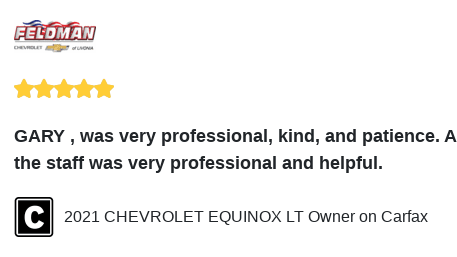 We just received a great review on Carfax. Thank you 2021 CHEVROLET EQUINOX LT Owner!