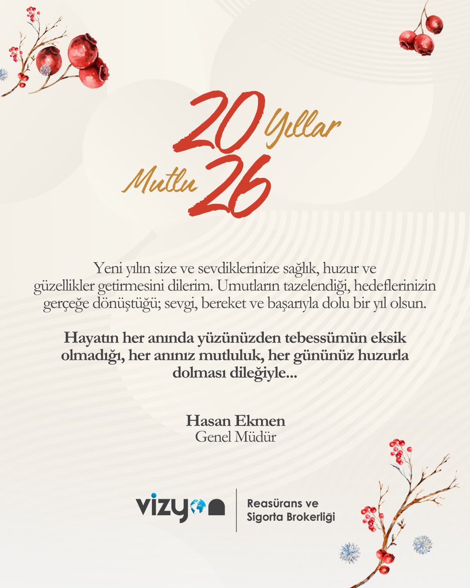 Yeni yılın size ve sevdiklerinize sağlık, huzur ve güzellikler getirmesini dilerim. Umutların tazelendiği, hedeflerinizin gerçeğe dönüştüğü; sevgi, bereket ve başarıyla dolu bir yıl olsun.

☎️ (0216) 412 57 57
💻 vizyonbroker.com.tr
