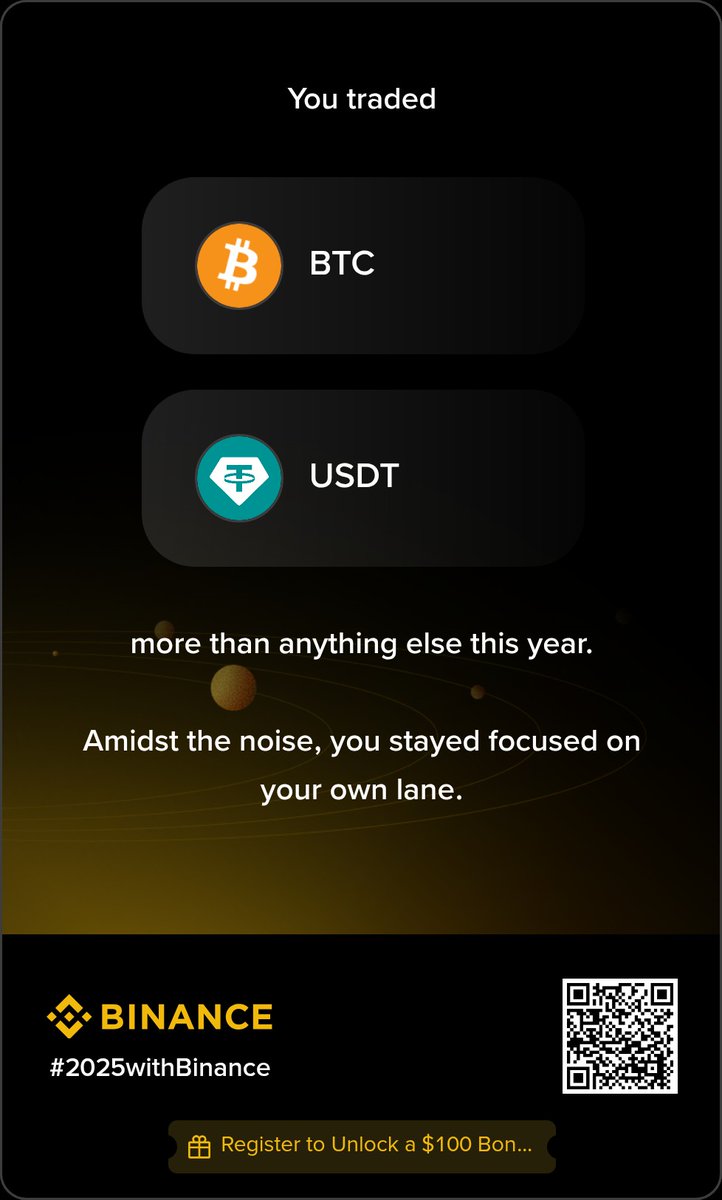 Dennodollar's tweet photo. EVERY YEAR, CRYPTO TEACHES YOU SOMETHING.

Wins, Mistakes, Lessons, and Growth

Just checked my 2025 Year in Review on @binance, and it's a simple snapshot of how the year actually went.

If you used Binance in 2025, check yours and share your journey #2025withBinance https://t.co/3X7IVJ4Um2
