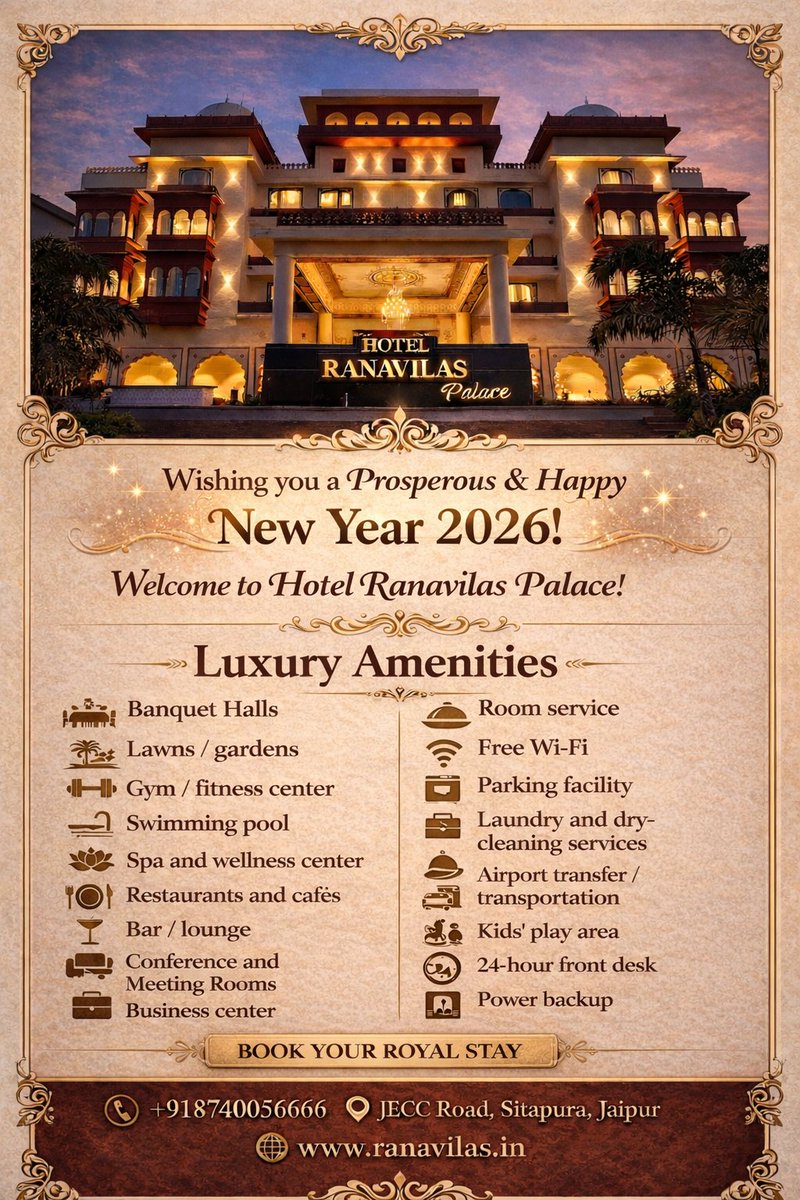 ranavilaspalace's tweet image. The future is your story to write… make next year the best one yet...

Hotel Ranavilas Palace

Happy New Year To all 🥳 2026🔆

#JaipurHotels #JECC #Sitapura #Destinationwedding #HeritageHotel #HeritageLuxury #RoyalStay #TimelessElegance #ClassicCharm #OldWorldLuxury