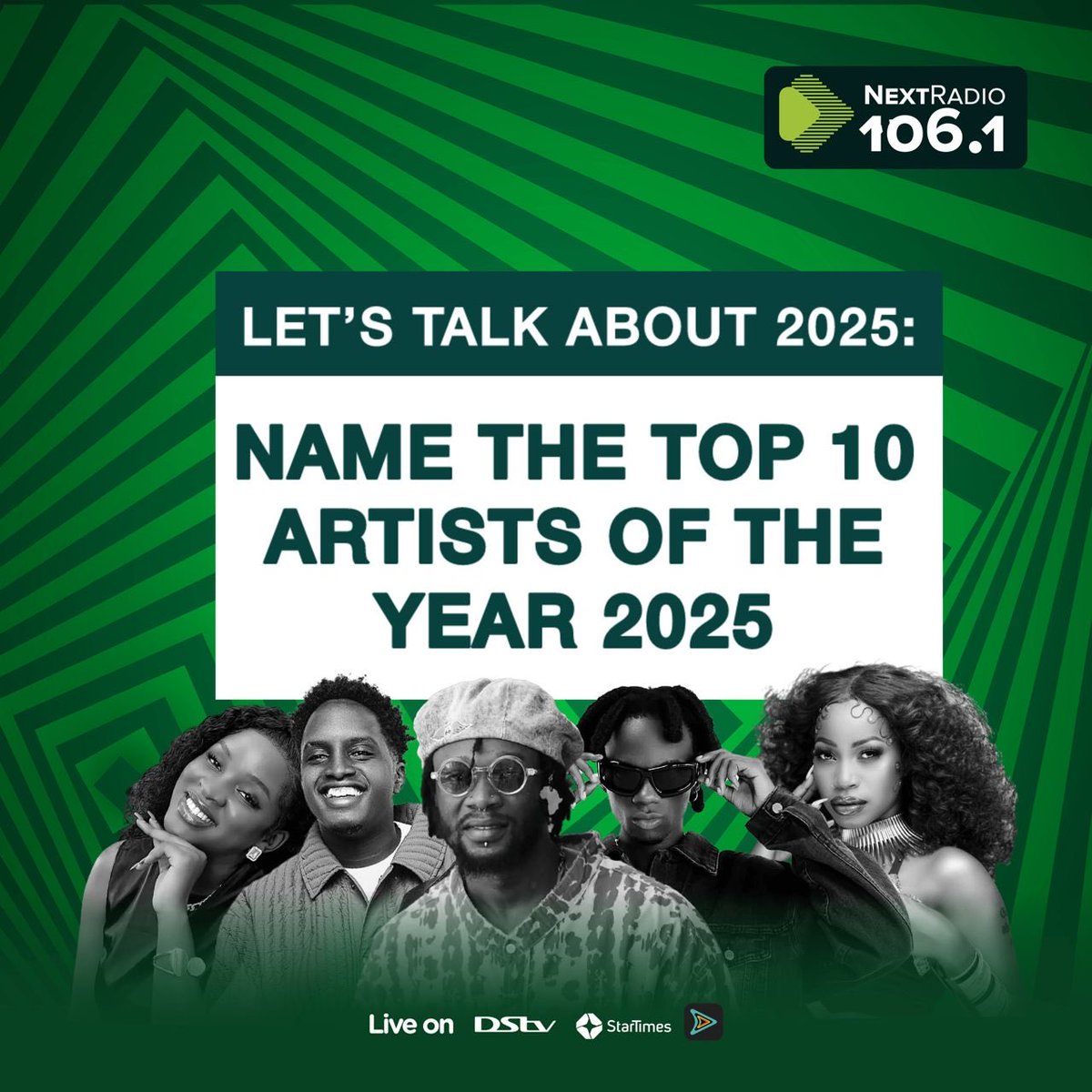 nextradio_ug's tweet photo. Who are your top 10 artists of 2025?
Drop your favorites in the comment section and let’s conclude the #NextCountdown together!
#BIGHITSof2025 #NextBrunch #NextRadioUG https://t.co/Eaq95Xg02I