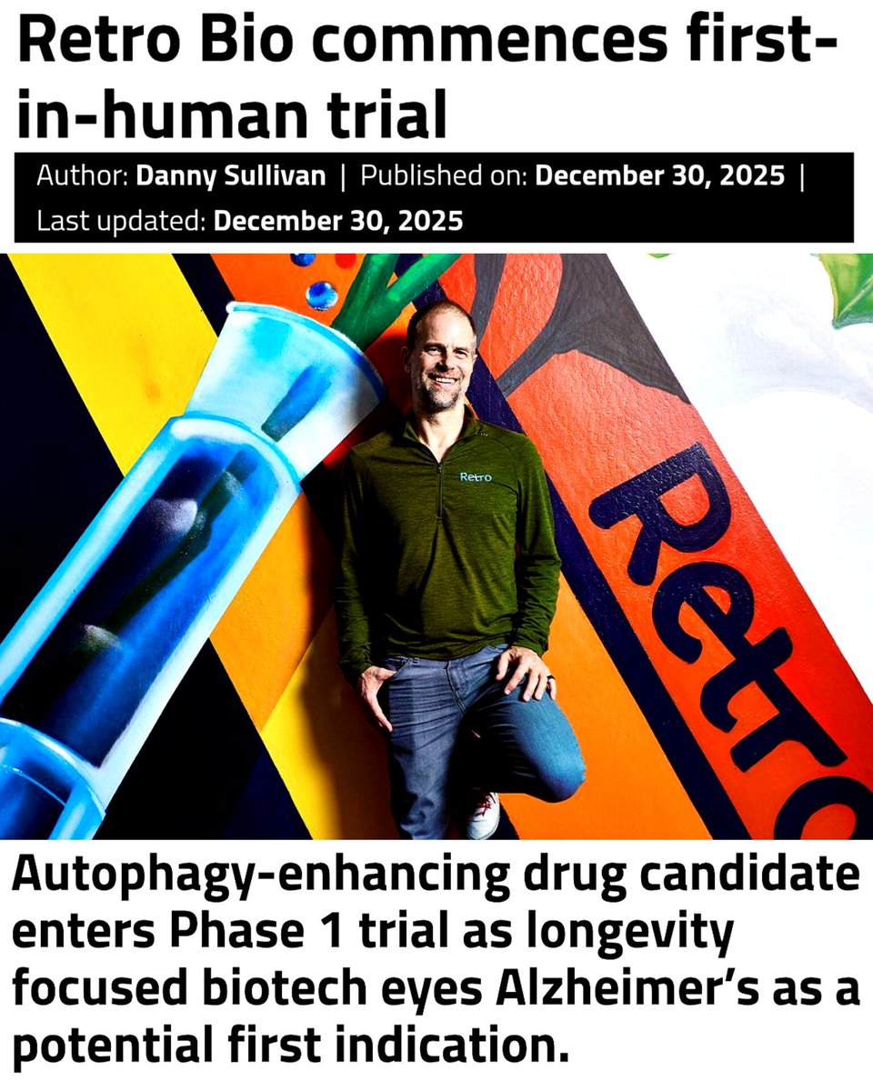 SciTechera's tweet image. Anti Aging Progress

A longevity biotech has begun its first human trial.

Retro Biosciences has officially started its first in human clinical trial of RTR242, a drug designed to target one of aging biology’s biggest weak points: broken cellular cleanup.

As we age, cells lose…