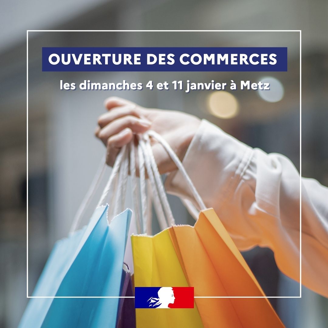 Prefet57's tweet image. #Commerces 🛍️ | Ouverture des commerces les dimanches 4 et 11 janvier 2026

La période des soldes d’hiver en #Moselle débutant le 2 janvier 2026, Pascal Bolot, préfet de la Moselle, autorise l’ouverture des commerces les dimanches 4 et 11 janvier 2026 à #Metz.

#soldeshiver
