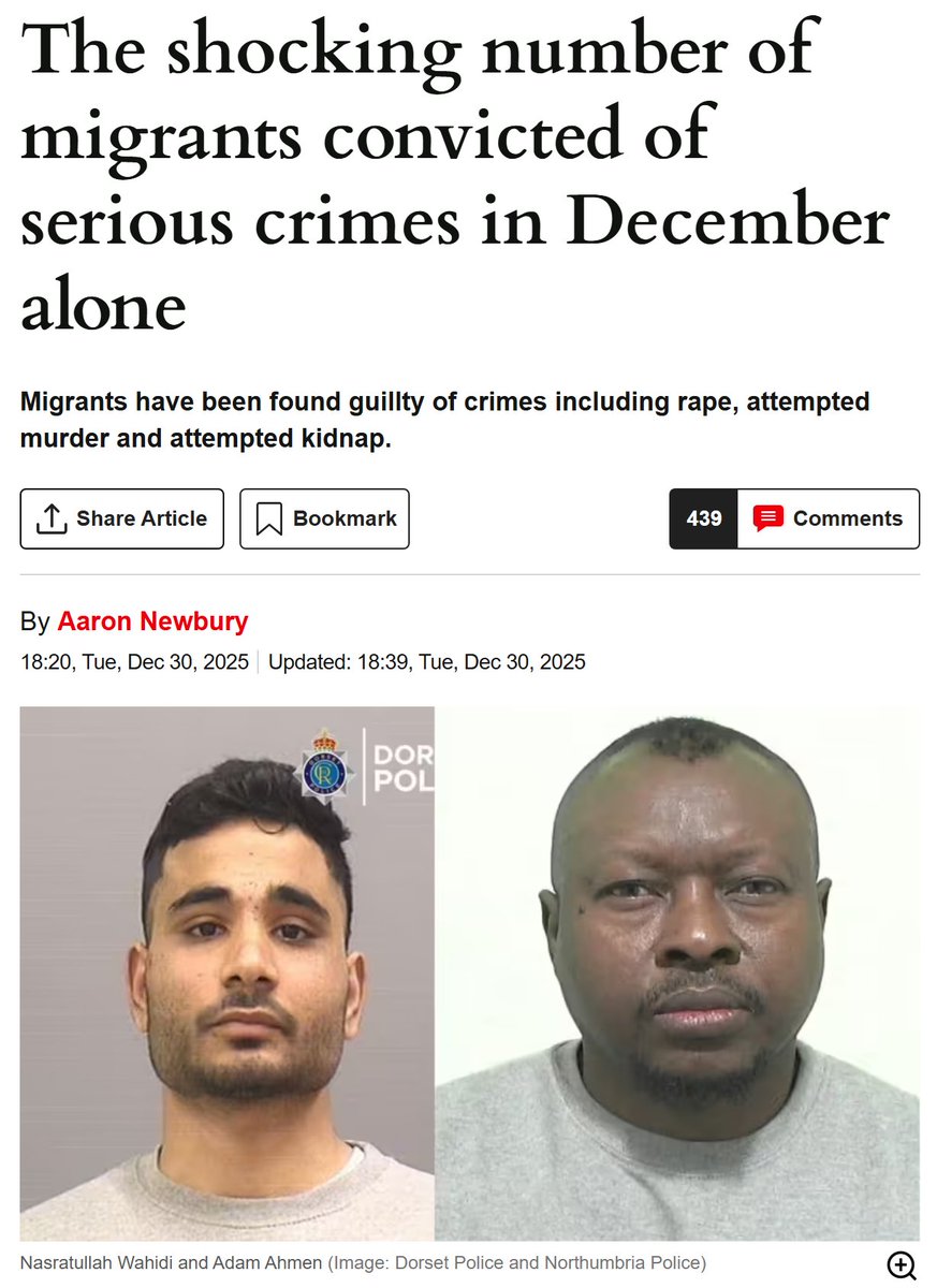 NEW: Research conducted by Migration Watch reveals almost two dozen asylum seekers and refugees have been sentenced for or convicted of serious offences in December alone - including violent sexual assault, attempted murder, and rape.  

Link below: