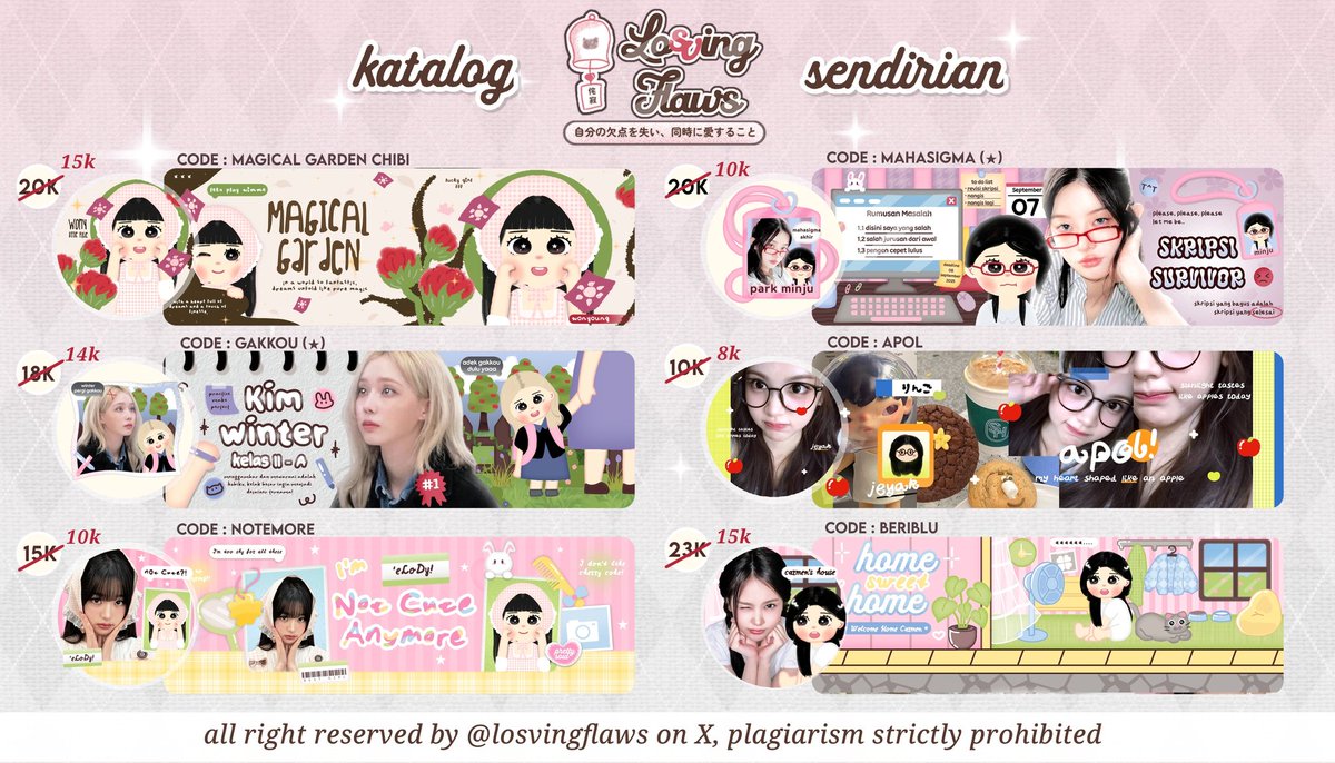 losvingflaws's tweet image. help rt/repost please? tysm periang💘

CALLING OUT DISCOUNT HUNTERS! karena eLoDy open layout by request design, chibi, moodboard moodie deco dengan potongan harga spesial tahun baru dan 1.1 nantinya. scroll down for more info 🎉

#zonauang