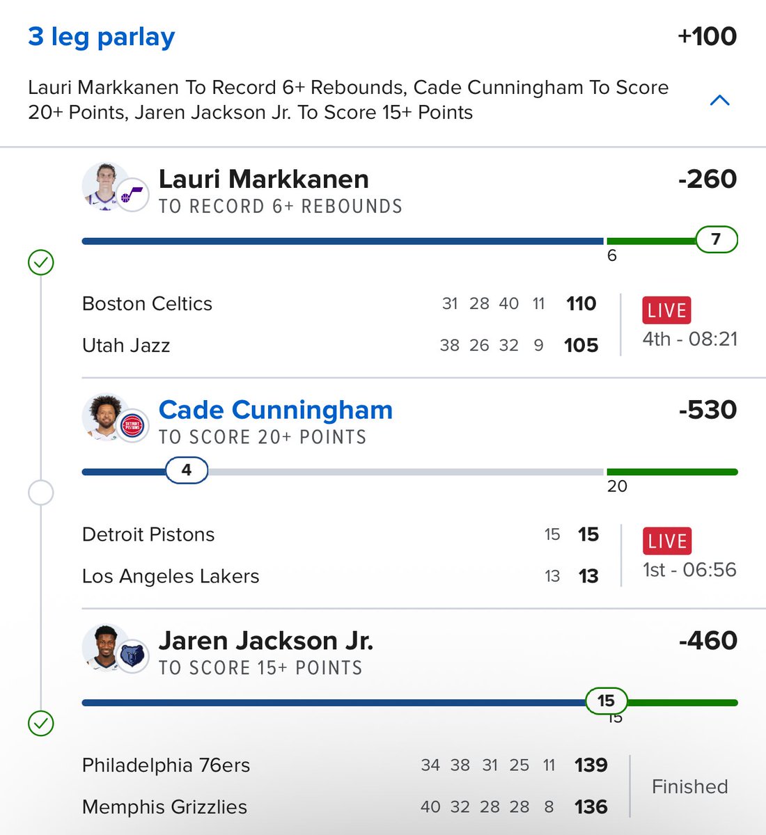 Lauri 6 Rebs ✅
Jaren Jackson Jr 15+ ✅

Cade Bring Us To Day 2! 🤞