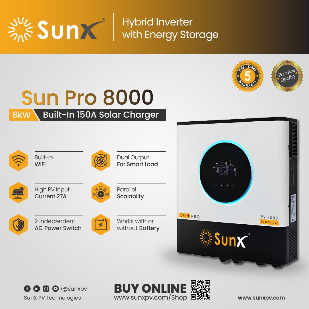 SunXpv's tweet photo. Sun Pro PV 8000 – Smart Power. Maximum Control.

Upgrade your energy system with the SunX Sun Pro 8000 (8kW) Hybrid Inverter, designed for powerful performance and smart energy management. Equipped with a built-in 150A solar charger, dual output for smart load. https://t.co/GbYoa228jE