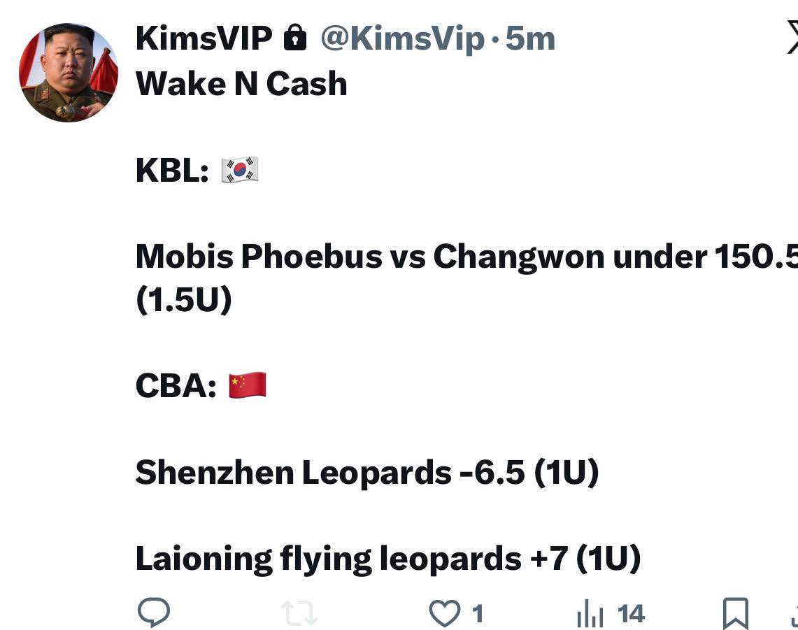 allcappersfreee's tweet image. Wake n Cash🔮✅

#Bankrollbill (35-4) last 39 KBL/NBL🔥🇰🇷🇦🇺

🏀Wonju DB Promy +3 -118 (1.5U)
🏀Tasmania JackJumpers/Illawarra Hawks FH over 90.5 -125 (1U)
🏀SE Melbourne Phoenix FH -5 -120 (1U)
🏀Shenzhen Leopards/Beijing Royal Fighters over 179.5 -112 (1U)

#kimspicks🇰🇷🇨🇳