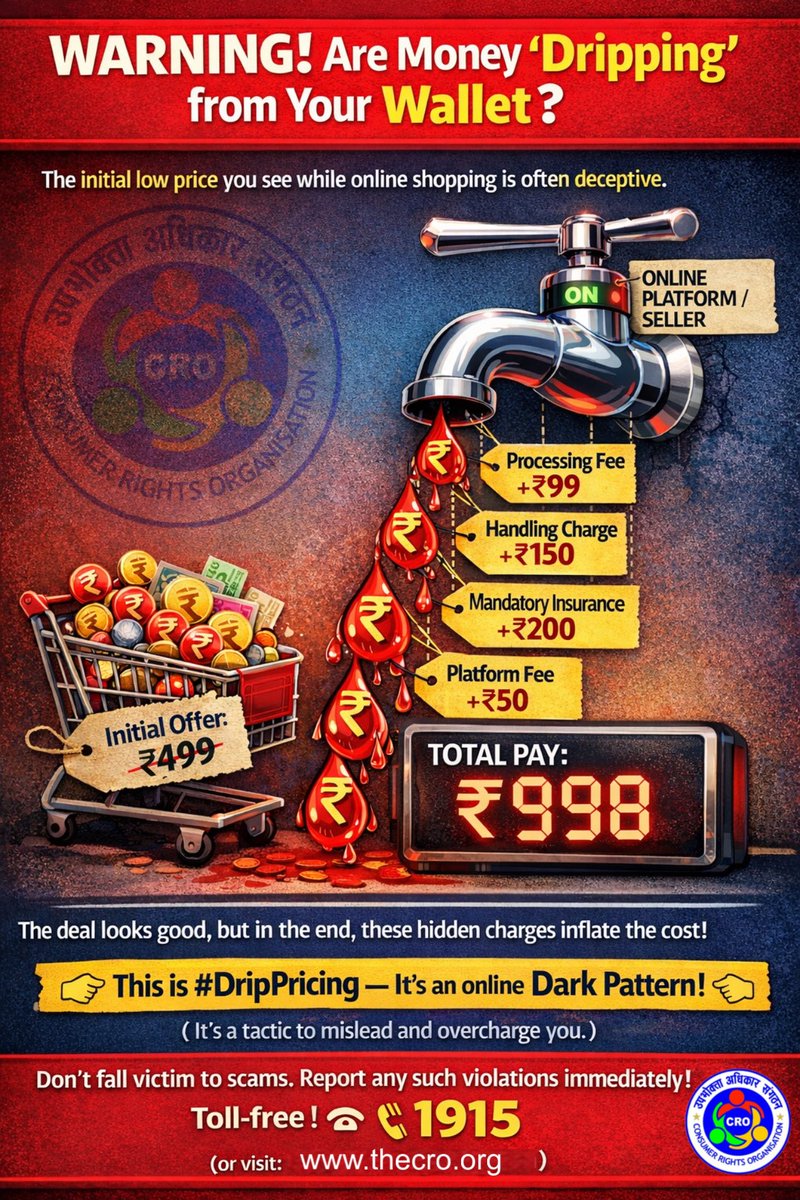 DaveSarkar's tweet photo. Did you know?
The initial price shown online can be misleading.

Extra charges are added step-by-step, increasing the final amount without clear disclosure.
⚠️ This unfair practice is known as Drip Pricing.

📢 Awareness is your strongest protection.
📞 Report violations at 1915 https://t.co/ceA13dC9Ku