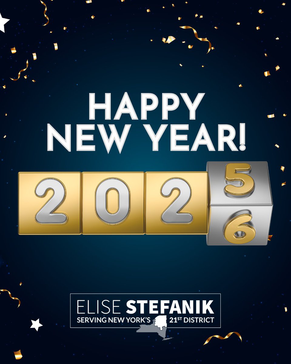 The image shows a festive New Year theme with a blue background, confetti, and golden ribbons. There is a display of numbers transitioning from 2025 to 2026, accompanied by text wishing a happy new year. Additional text at the bottom includes a name and district information.