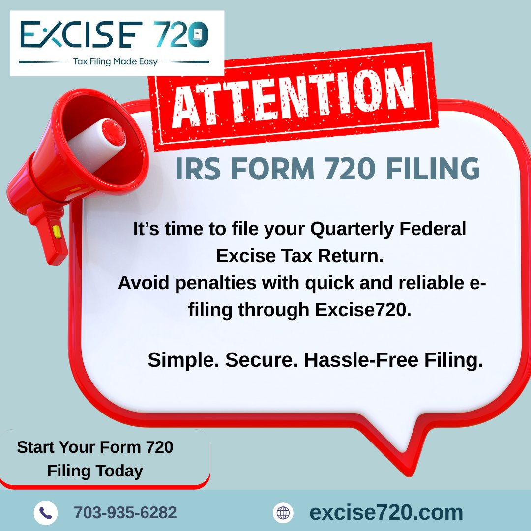 excise720's tweet image. It’s time to file your Quarterly Federal Excise Tax Return. Avoid penalties and stay compliant with our secure and hassle-free Form 720 e-filing platform at Excise720. 

Start your Form 720 filing today at excise720.com 

#IRSForm720 #Form720 #FederalExciseTax