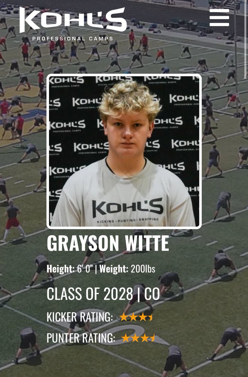 WitteGrayson's tweet image. Blessed to receive an invite to the @KohlsKicking Future Stars Invitational. Along with the invite I received my first ever ranking as a 3.5⭐️ K/P. See you in FL 🌴