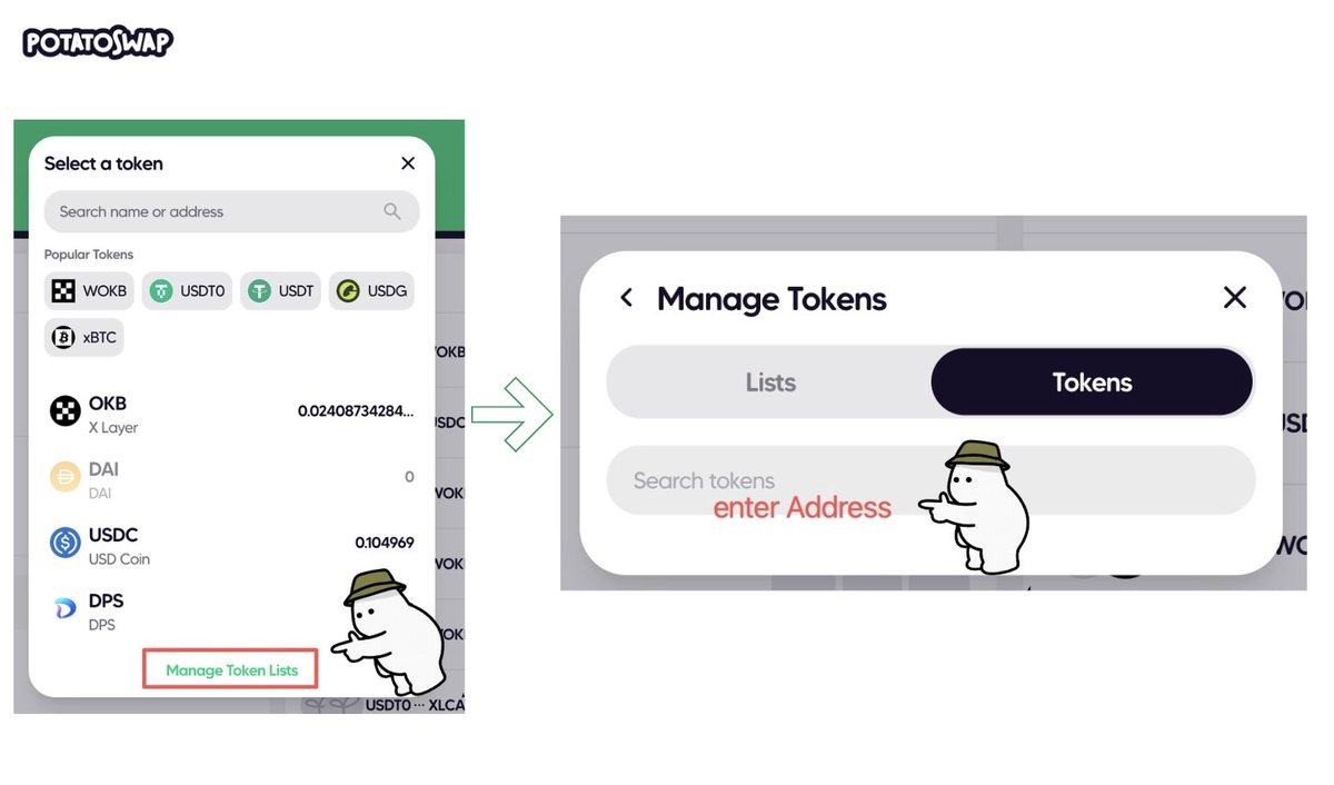 PotatoSwap_Fi's tweet photo. You can now add custom tokens directly in the Swap UI.

If a token isn’t on the default list, just paste the token address into Manage Tokens, add it to your list — it should show up right away.

If anything still doesn’t appear or anything else, come talk to us.
And happy New Year, potatoes. 🎆