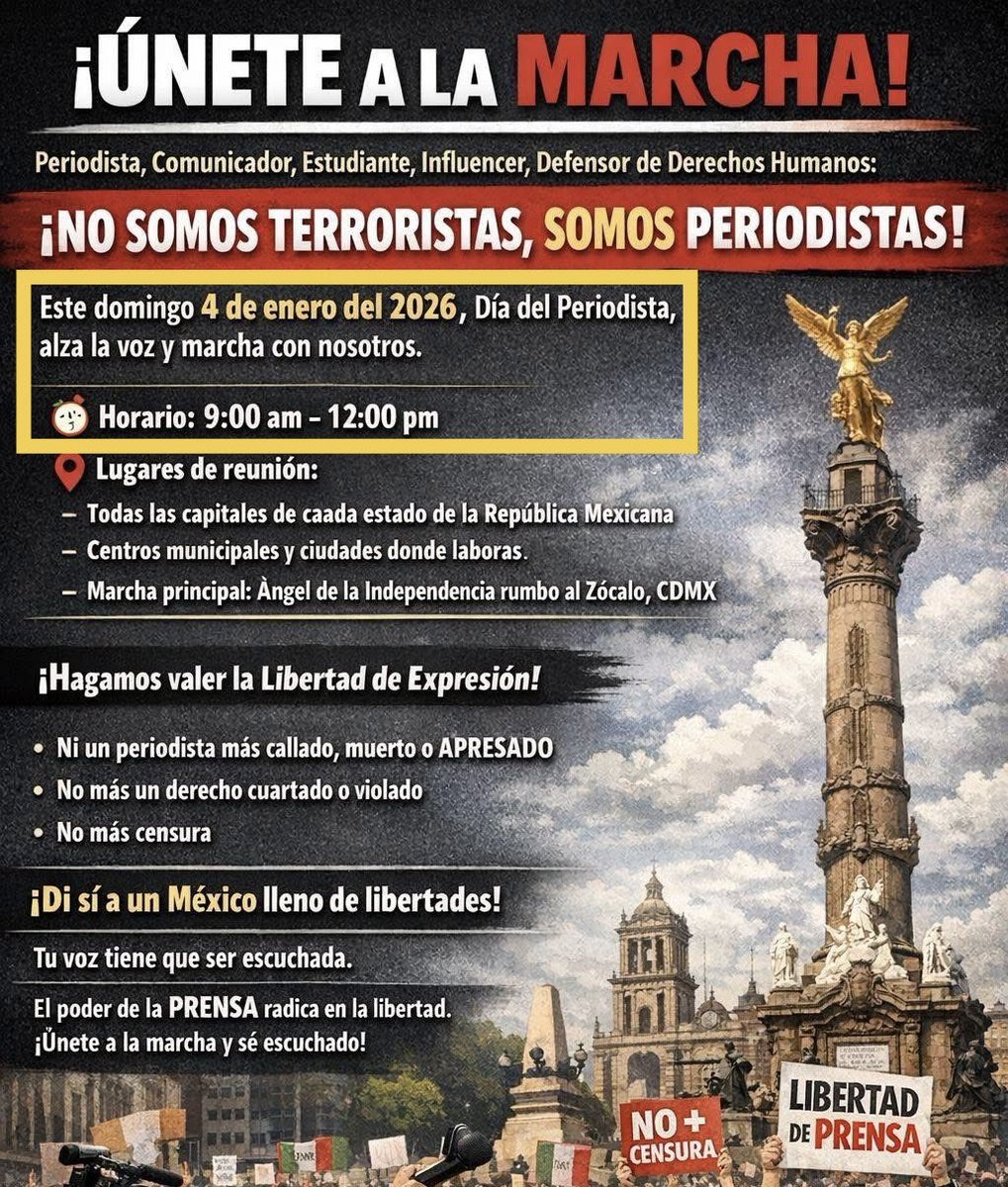 🇲🇽PERIODISTAS CONVOCAN a MARCHA vs la CENSURA y CRIMINALIZACIÓN del oficio🇲🇽

DOMINGO 4️⃣ de ENERO de 2026
9 AM, en el Ángel de la Independencia(CdMx) y en TODO el PAÍS.

#NoSomosTerroristas
#SomosPeriodistas
#LibertadDeExpresión
#DiaDelPeriodista 

<a href="/pacorodriguez/">pacorodriguez</a> <a href="/IndicePolitico/">Índice Político</a>