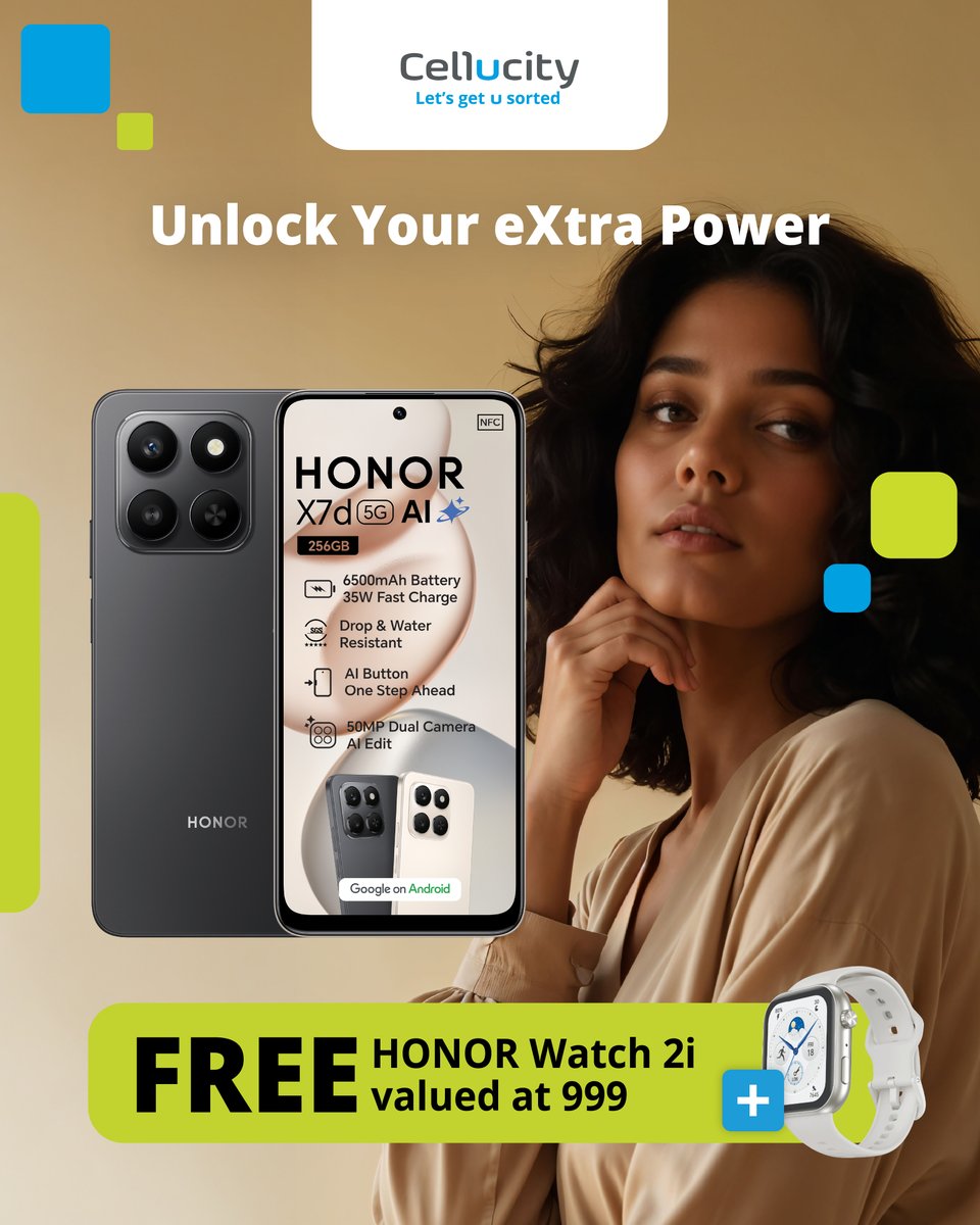 Lekker deal loading… 📲✨
Get the HONOR X7d 5G (256GB + 8GB RAM)
💸 R5,499 cash or R299pm x 36 on Vodacom RED
🎁 FREE HONOR Watch 2i
Don’t sleep on this one — hurry hurry!
👉 bit.ly/4pUpgYc