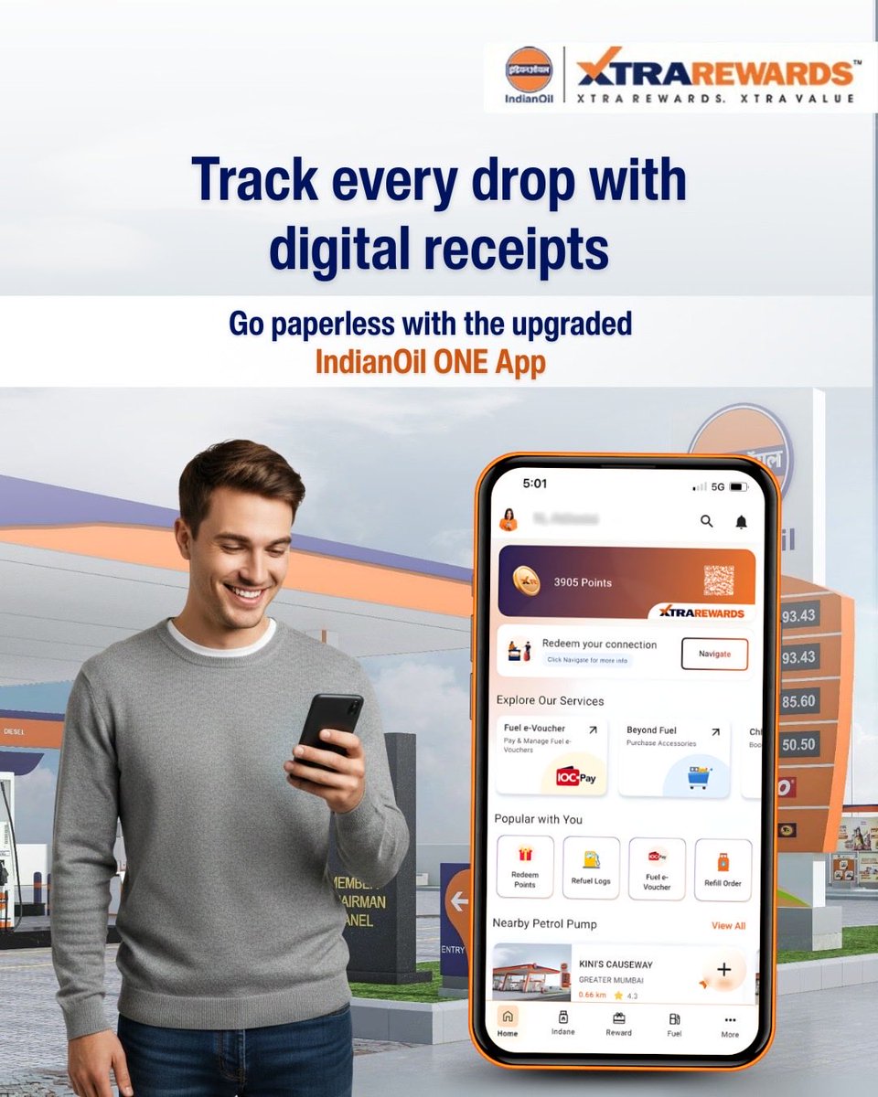 Keep every refuel on record with e-receipts via the #IndianOil ONE App.
No more lost slips. No more guesswork.
Just clean, trackable, digital billing.

📲 Download the upgraded app:
iOS : apps.apple.com/in/app/indiano…
Android: play.google.com/store/apps/det…
 
#SmartFueling #XTRAREWARDS