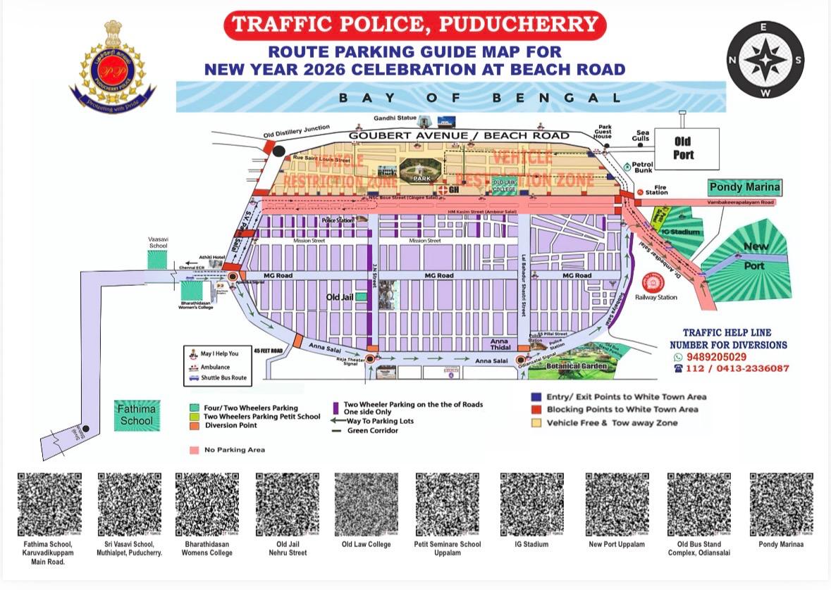 Guiding map for parking w.r.t New Year- 2026 celebrations 
<a href="/LGov_Puducherry/">Lt. Gov. Puducherry</a> <a href="/CSPuducherry/">Chief Secretary of Puducherry</a> <a href="/CM_Puducherry/">Chief Minister of Puducherry</a> <a href="/ANamassivayam/">Namassivayam</a>