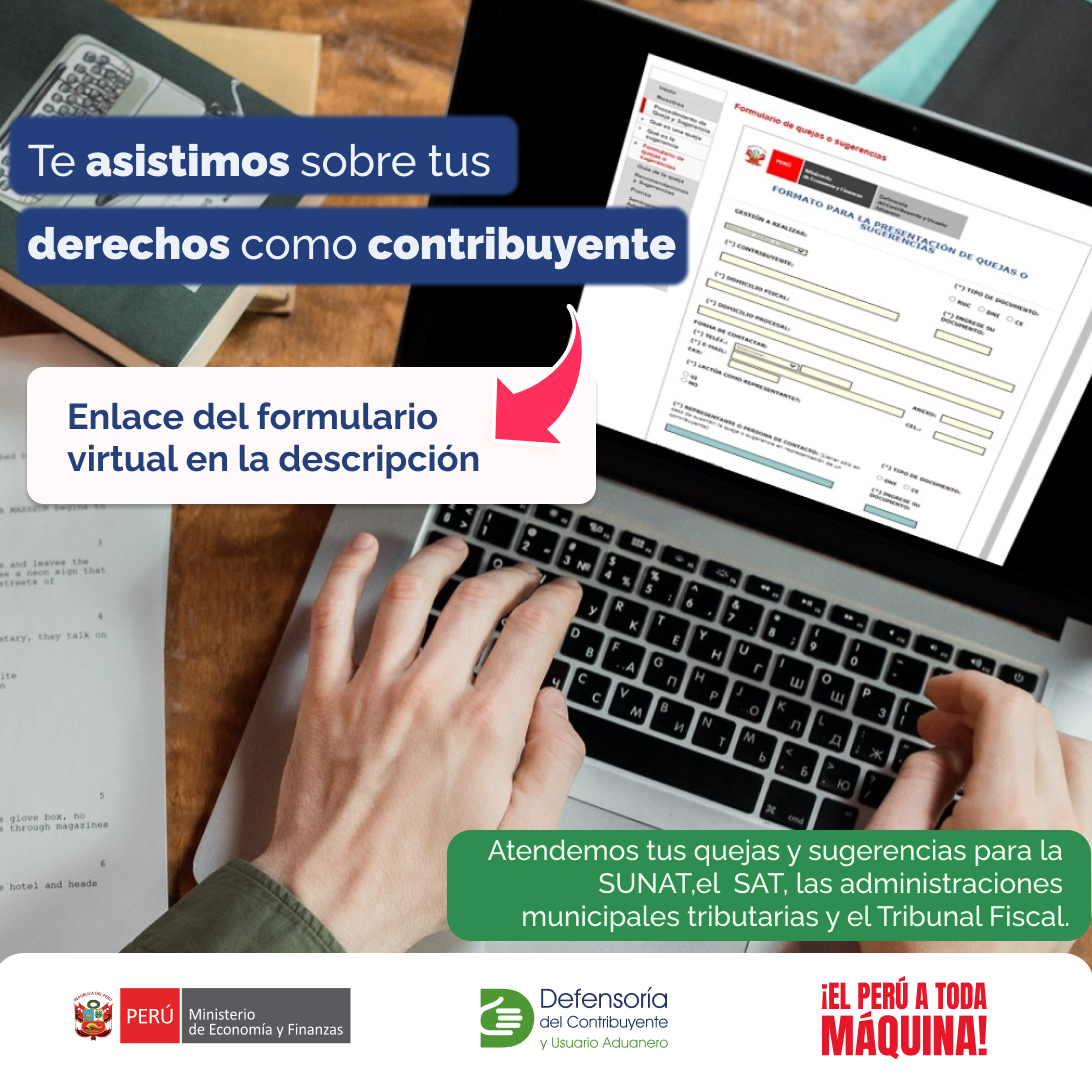 DefContrib's tweet image. ¡Atención contribuyente! En la Defensoría te brindamos asistencia y orientación gratuita en tu queja contra las administraciones tributarias del país.
Si necesitas ayuda, no dudes en contactarnos #FormularioVirtual.
mef.gob.pe/defensoria/for…