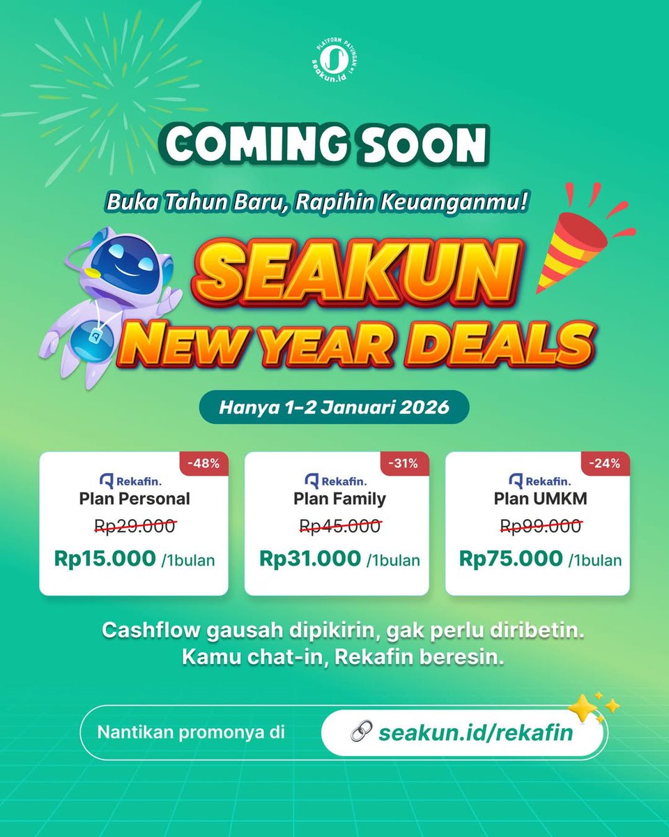 helloseakun's tweet image. 🎉COMING SOON: SEAKUN NEW YEAR DEALS
Langganan Rekafin start 15.000 bakal hadir!

1–2 Januari nanti Seakun New Year Deals bakal nurunin biaya langganan Rekafin cuma Rp15.000/bulan.  

Catat keuangan lewat WhatsApp, tanpa Excel, tanpa ribet. Pantengin ya, jangan kelewatan promonya…