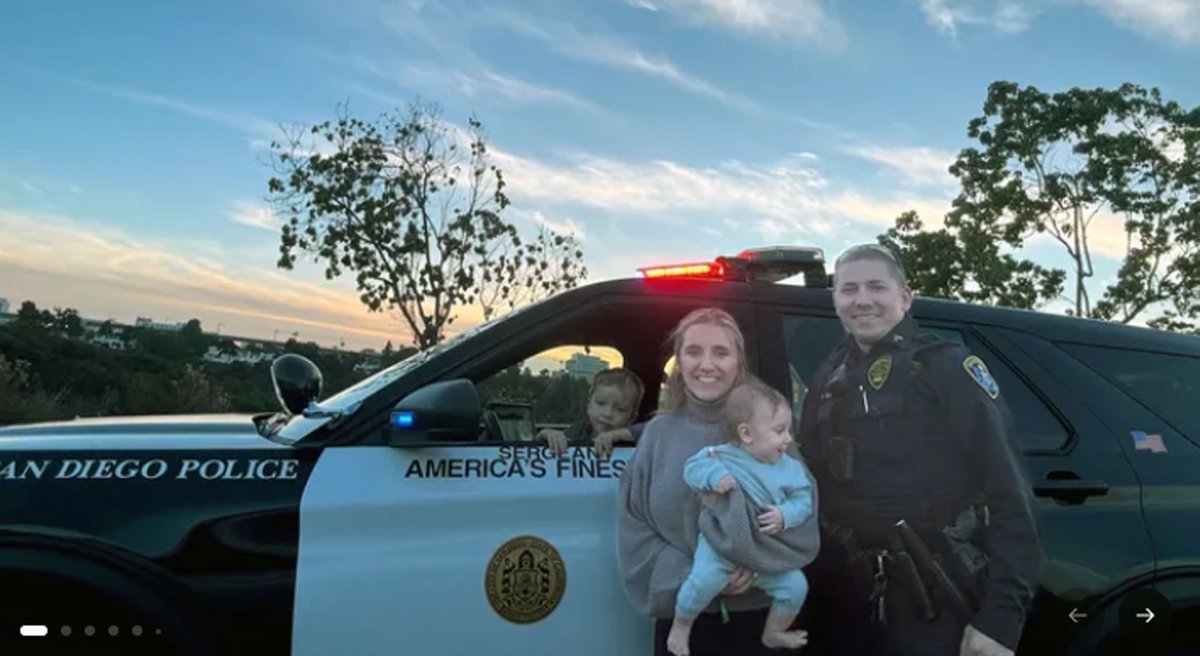 Headline read: "San Diego police officer hit by drunk driver".  

Little Chopper Jr makes a house call 2 <a href="/SanDiegoPD/">San Diego Police Department</a> Officer Wilder while home recovering, bring some Love, Comfort &amp; Smiles to the Officer &amp; his family.  The family needs your help / support. gofund.me/89602fa52
