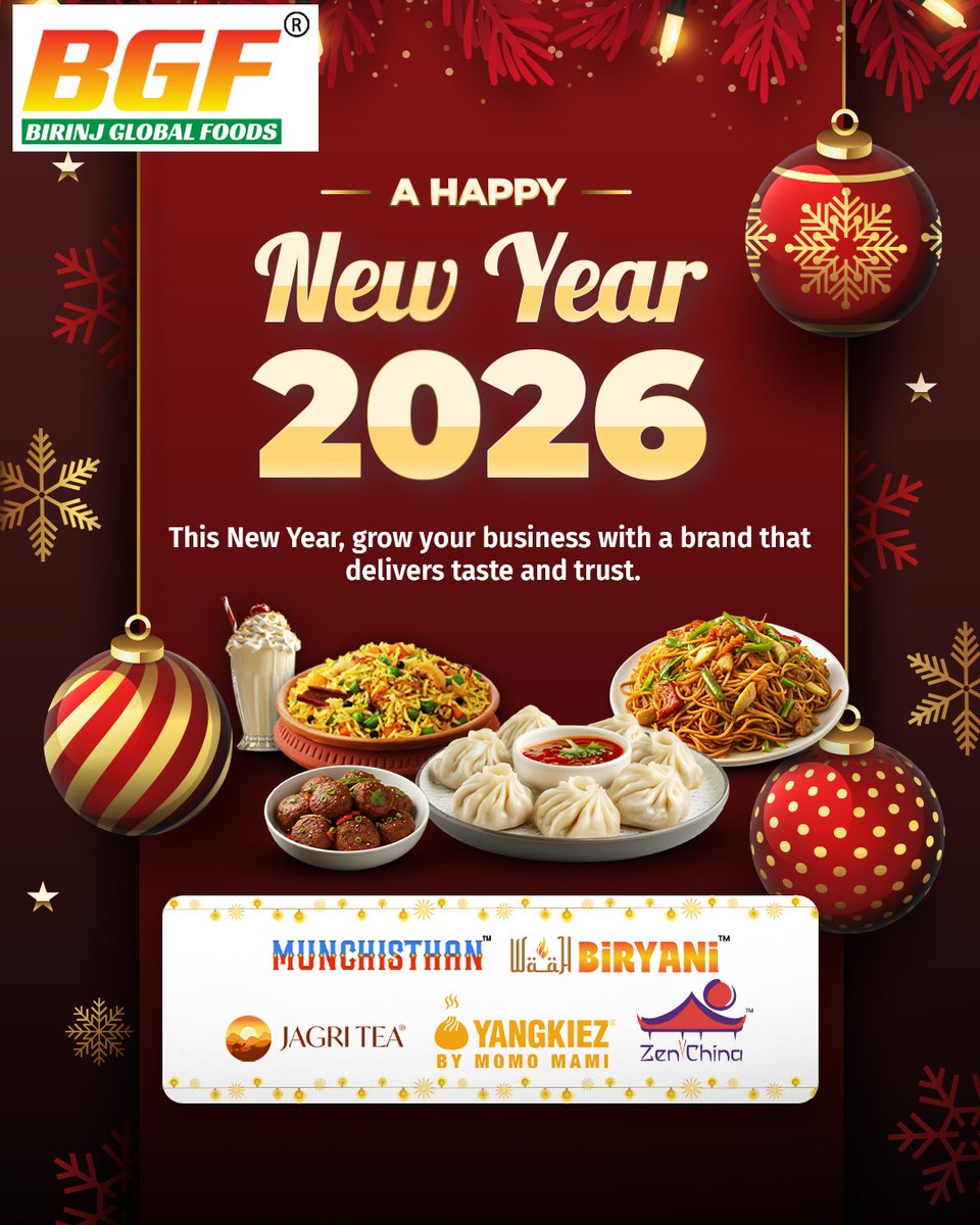 BirinjGlobal's tweet photo. Welcoming 2026 with great taste, trusted quality, and new opportunities 🍽️✨This New Year, grow your business with a brand that delivers flavor you can rely on.

#BirinjGlobalFoods #Munchisthan #WaahBiryani #JagriTea #Yangkiez #ZenChina #HappyNewYear2026 #BGF #BirinjGlobalFoods https://t.co/zjDLgKH2AX