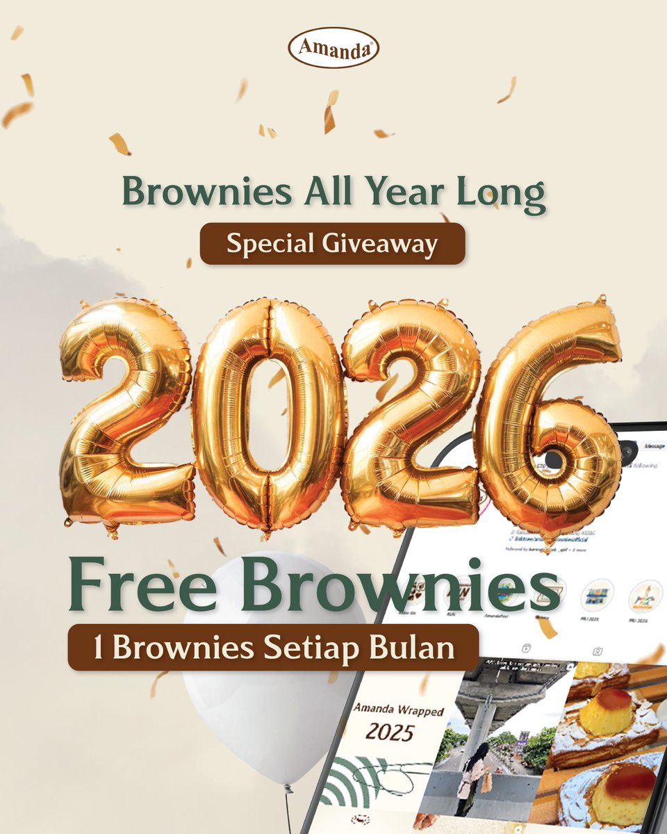 _AmandaBrownies's tweet image. GUIZE IT'S HAPPENING! We're Giving away 1 Brownies Each Months FREE throughout 2026 For 5 Lucky Winners! Caranya?
1. Follow Twitter/X @_AmandaBrownies
2. Reply Tweet ini dan tulis resolusi kalian untuk tahun 2026 dan tag 5 Orang temen kalian
3. Retweet/Quote Tweet ini
-c-