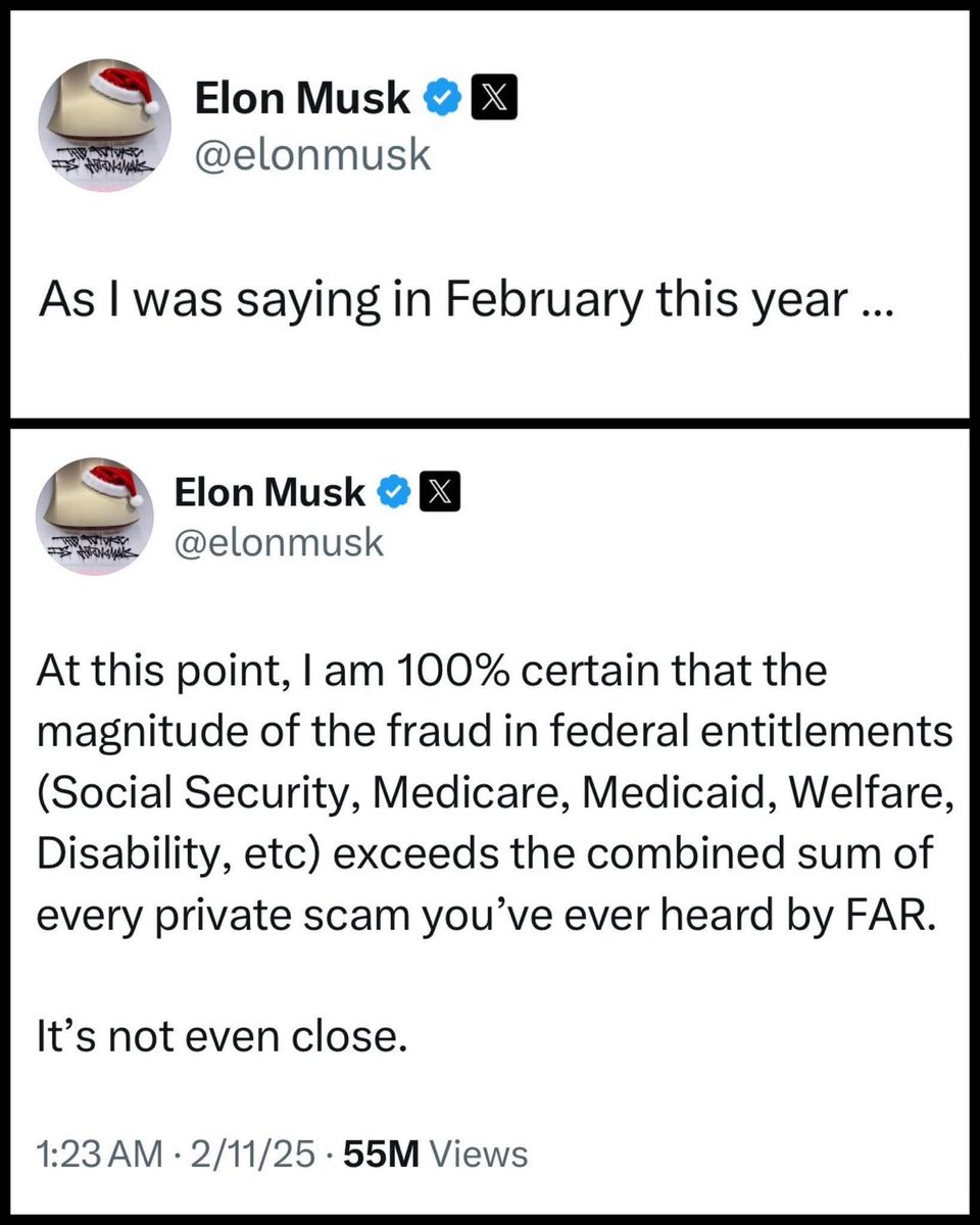 Sassafrass_84's tweet image. Elon called it. 💯

Perform audits on SS, Medicare, Medicaid, Welfare, and disability.