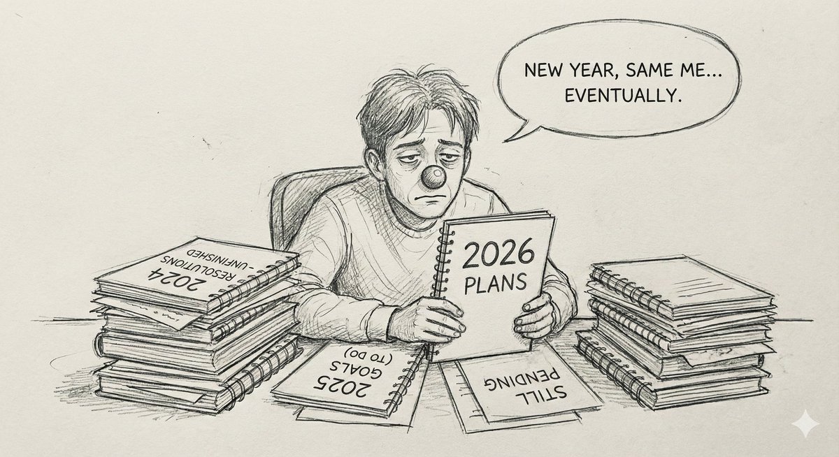 Narender09_X's tweet photo. The "New Year, Same Old Me"
My 2026 resolution is to finish the resolutions I started in 2024,
that I promised to do in 2025. 🤡
Who else is on the "New Year, Same Old Me" team? 🙋♂️
#NewYearEve #NewYear2026 #SameOldMe #resolutions https://t.co/qru9bbJV0m