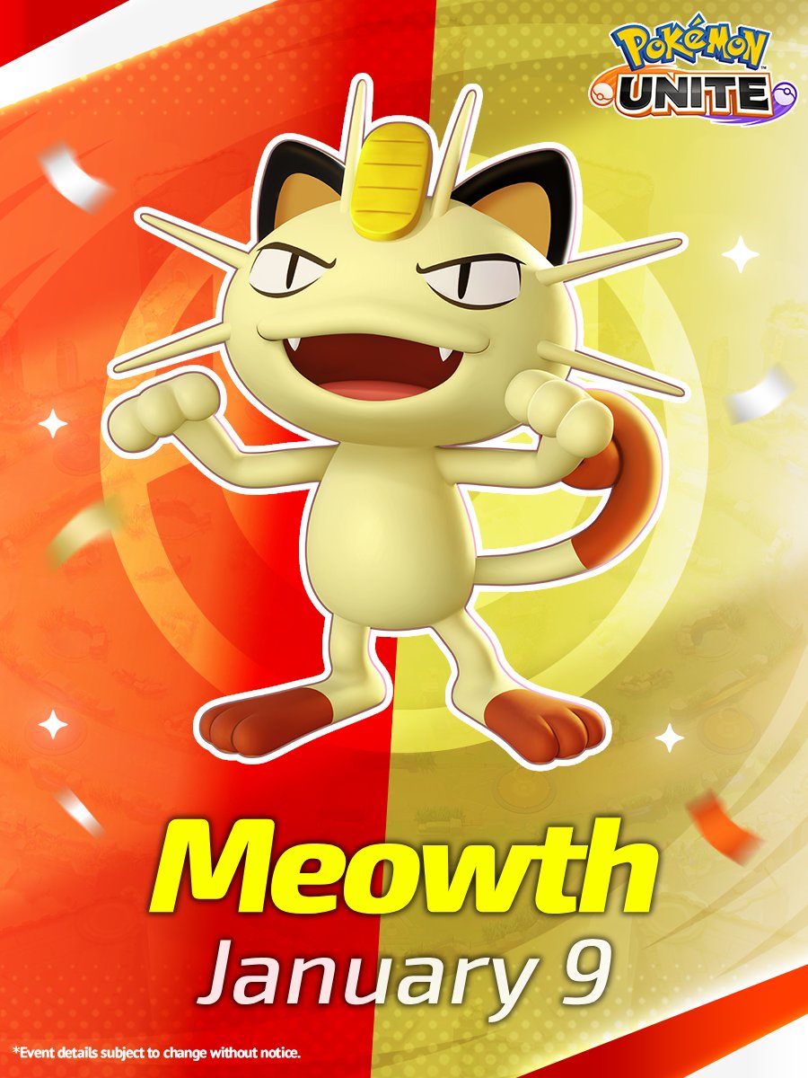 PokemonUnite's tweet image. 🎉 Happy New Year! 🎇 

Meowth will be joining the fray on January 9 . We hope you'll continue to support #PokemonUNITE in 2026! 👏