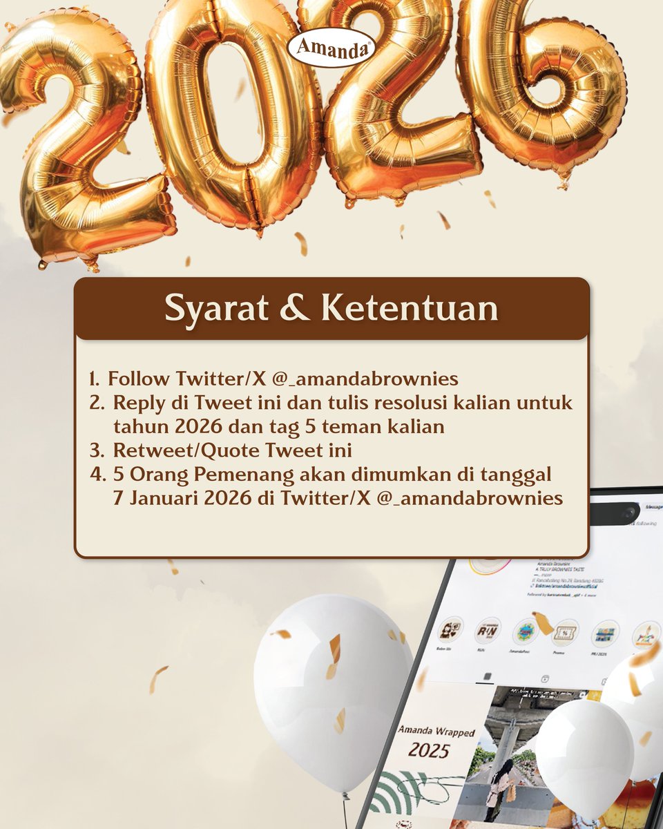 _AmandaBrownies's tweet image. GUIZE IT'S HAPPENING! We're Giving away 1 Brownies Each Months FREE throughout 2026 For 5 Lucky Winners! Caranya?
1. Follow Twitter/X @_AmandaBrownies
2. Reply Tweet ini dan tulis resolusi kalian untuk tahun 2026 dan tag 5 Orang temen kalian
3. Retweet/Quote Tweet ini
-c-
