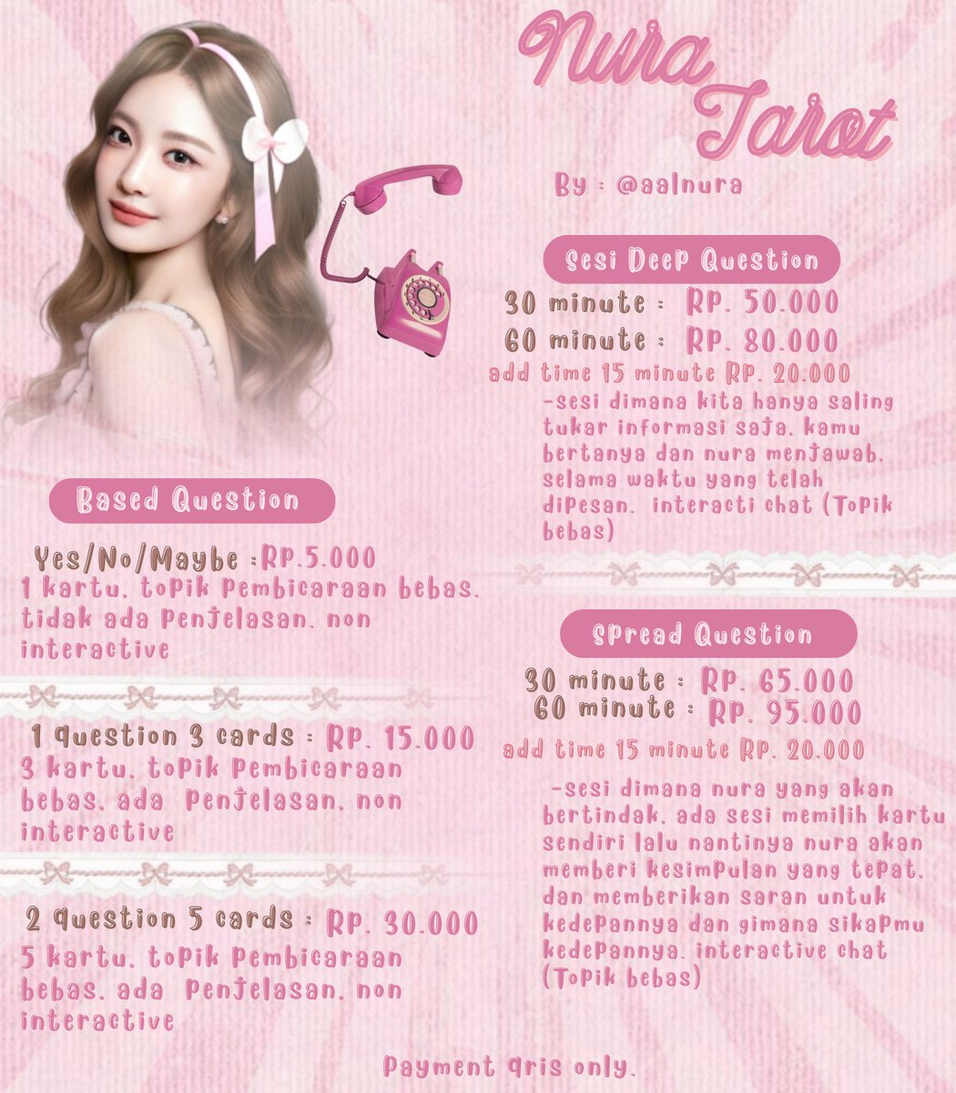 aalnura's tweet image. ˖ ࣪ ᨰꫀᥣᥴ᥆ꩇꫀ ! ᰔ ִ ׄ Ոuraa tαrσt
 ☏ : linktr.ee/aalnura

tarot nura bkn cuma buat tebak²an yaa, tapi kita bakal deep dive ke energi kmu buat cari guidance paling murni, biar hatinya lebih peaceful &amp;amp; aligned lagi sama takdir
      
       🔮100% confidential &amp;amp; fsr