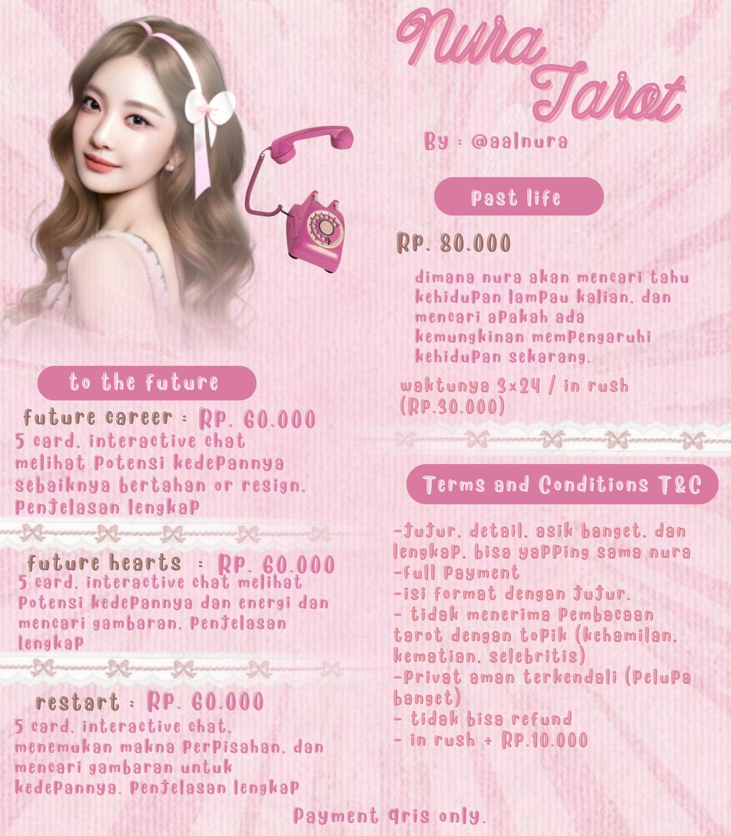 aalnura's tweet image. ˖ ࣪ ᨰꫀᥣᥴ᥆ꩇꫀ ! ᰔ ִ ׄ Ոuraa tαrσt
 ☏ : linktr.ee/aalnura

tarot nura bkn cuma buat tebak²an yaa, tapi kita bakal deep dive ke energi kmu buat cari guidance paling murni, biar hatinya lebih peaceful &amp;amp; aligned lagi sama takdir
      
       🔮100% confidential &amp;amp; fsr