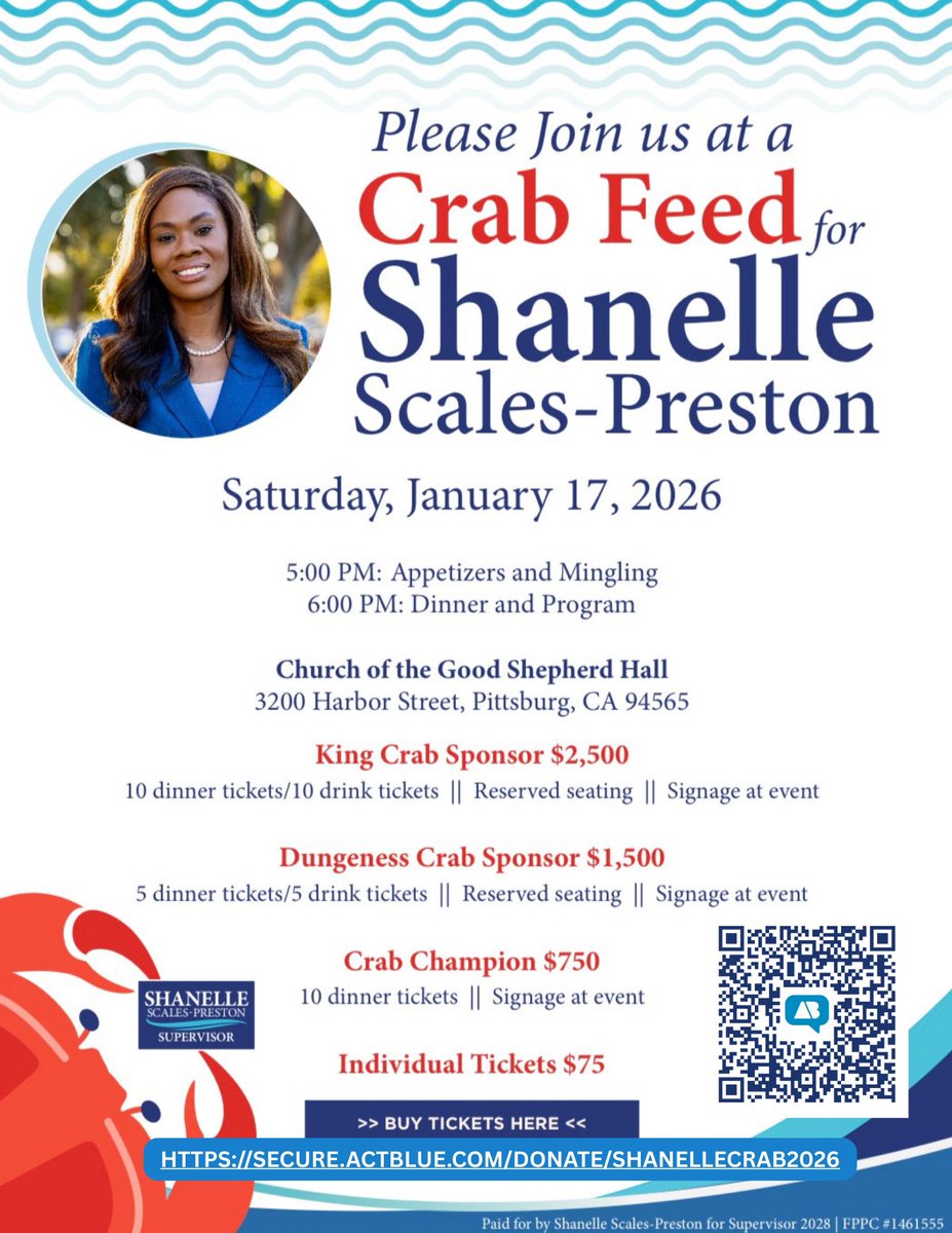 Join us for a special Crab Feed celebration!

Date:
Saturday, January 17, 2026

Time: 
5:00 PM (Appetizers)
6:00 PM (Dinner/Program)

Location: 
Church of the Good Shepherd Hall, Pittsburg, CA

Purchase your tickets or sponsorship: SECURE.ACTBLUE.COM
DONATE/SHANELLECRAB2026